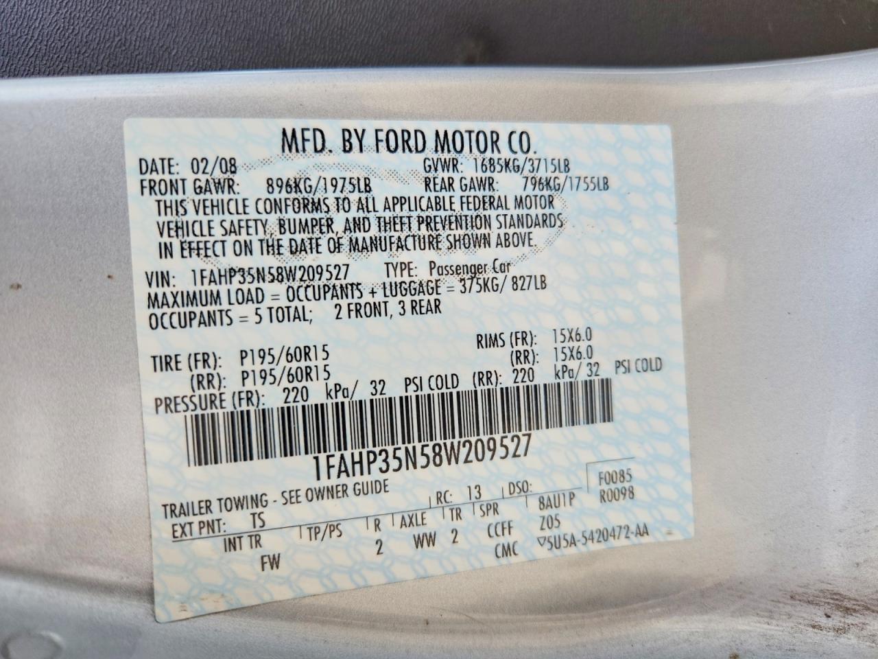 2008 Ford Focus Se Silver vin: 1FAHP35N58W209527