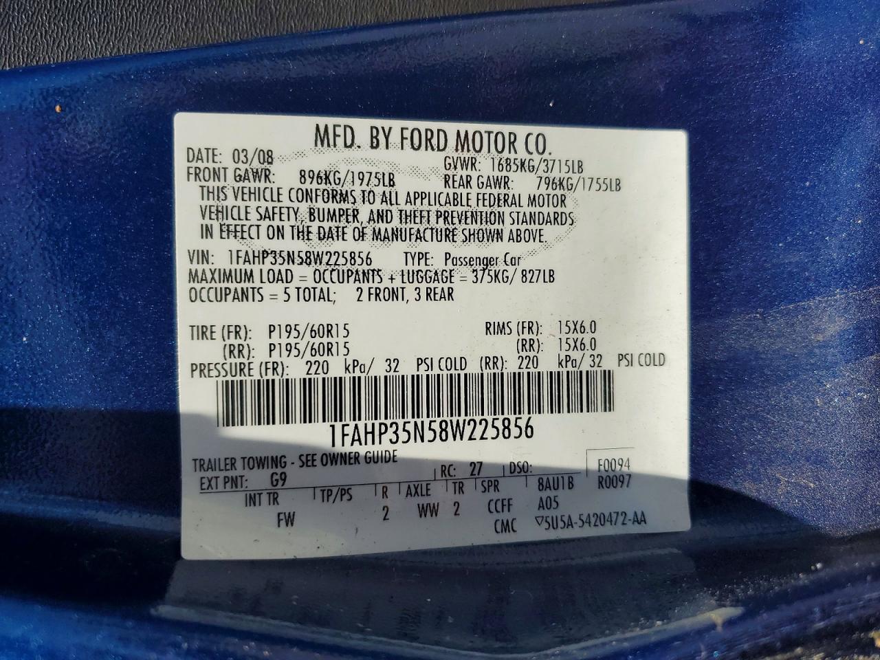 2008 Ford Focus Se Blue vin: 1FAHP35N58W225856
