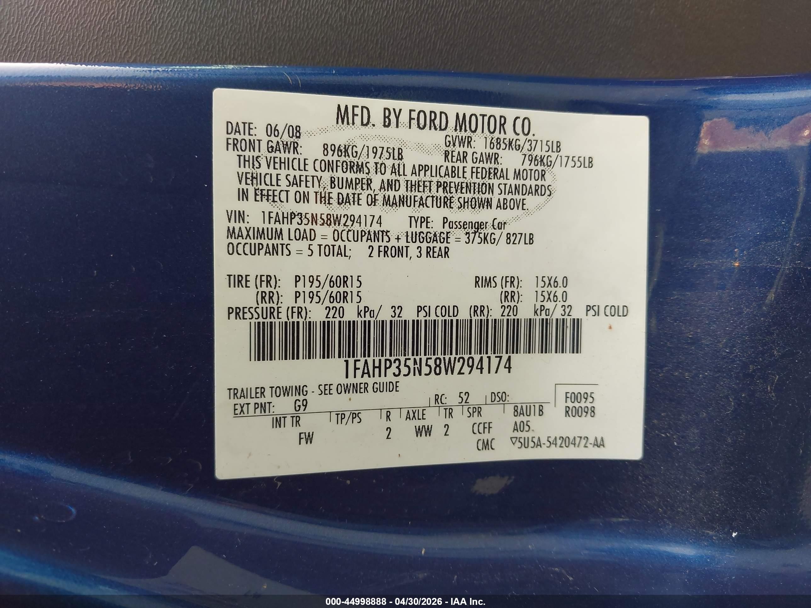 2008 Ford Focus Se/ses Blue vin: 1FAHP35N58W294174