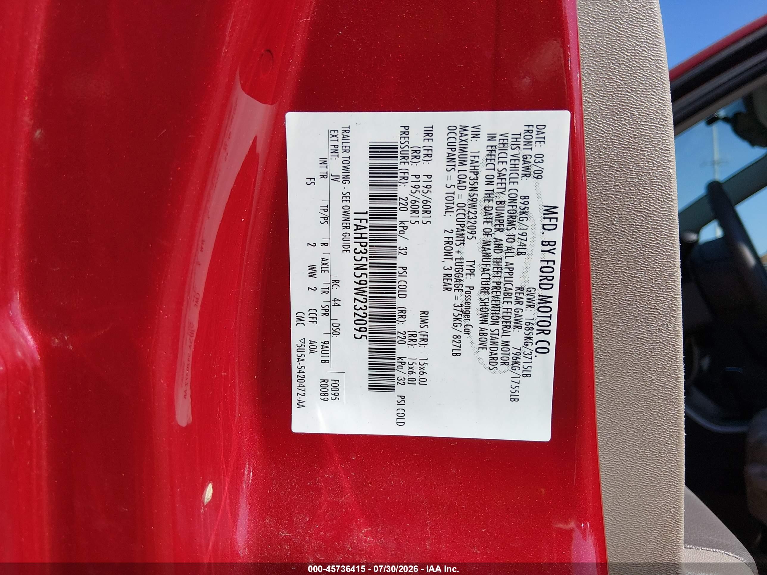 2009 Ford Focus Se Red vin: 1FAHP35N59W232095