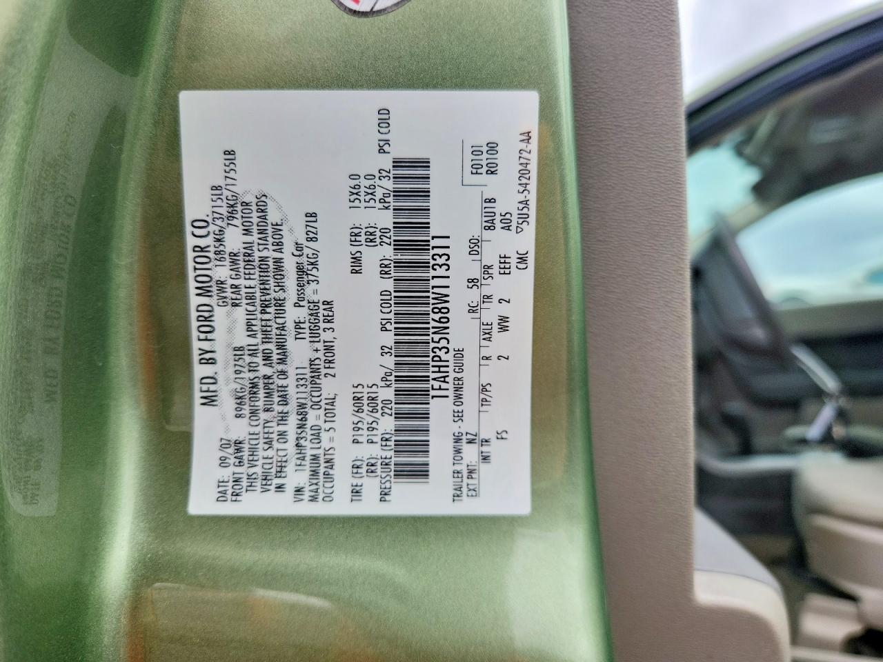 2008 Ford Focus Green vin: 1FAHP35N68W113311