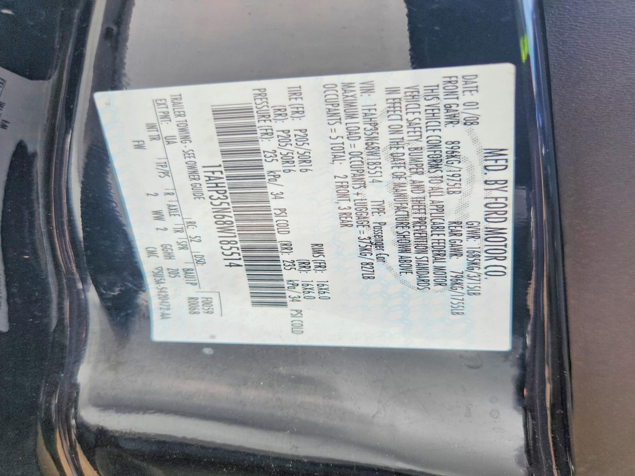 2008 Ford Focus Se Black vin: 1FAHP35N68W185514