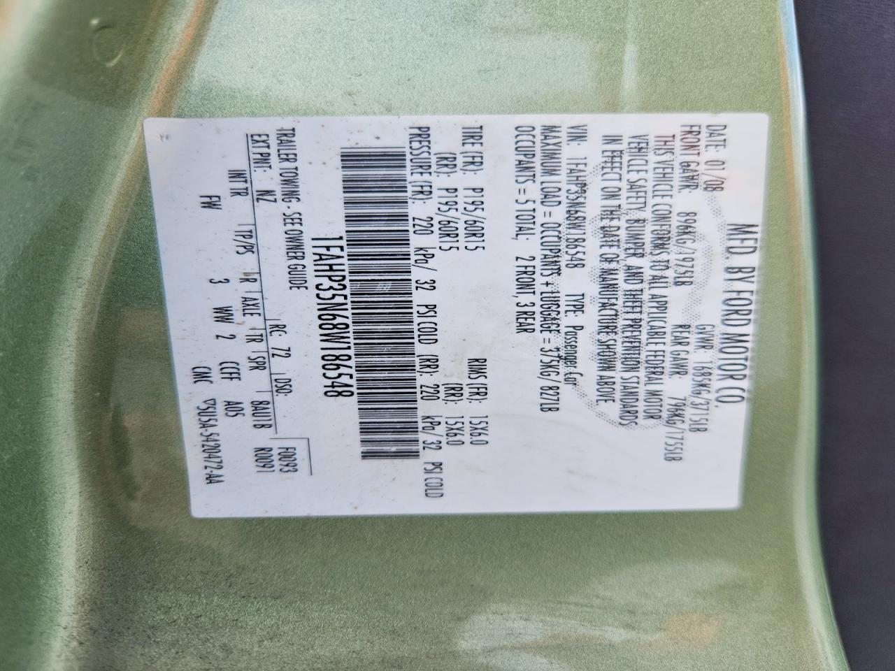 2008 Ford Focus Se Green vin: 1FAHP35N68W186548