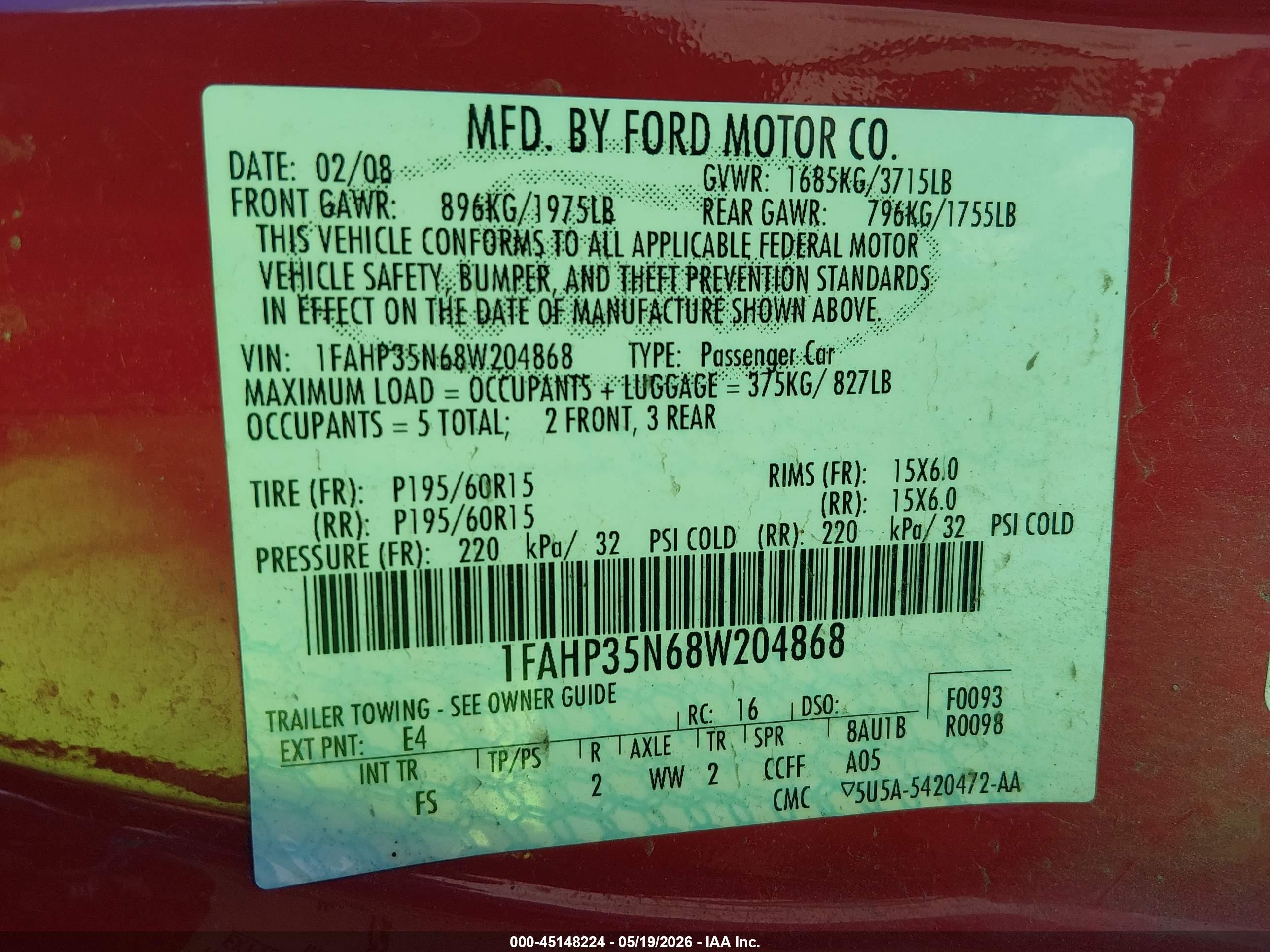 2008 Ford Focus Se/ses Red vin: 1FAHP35N68W204868