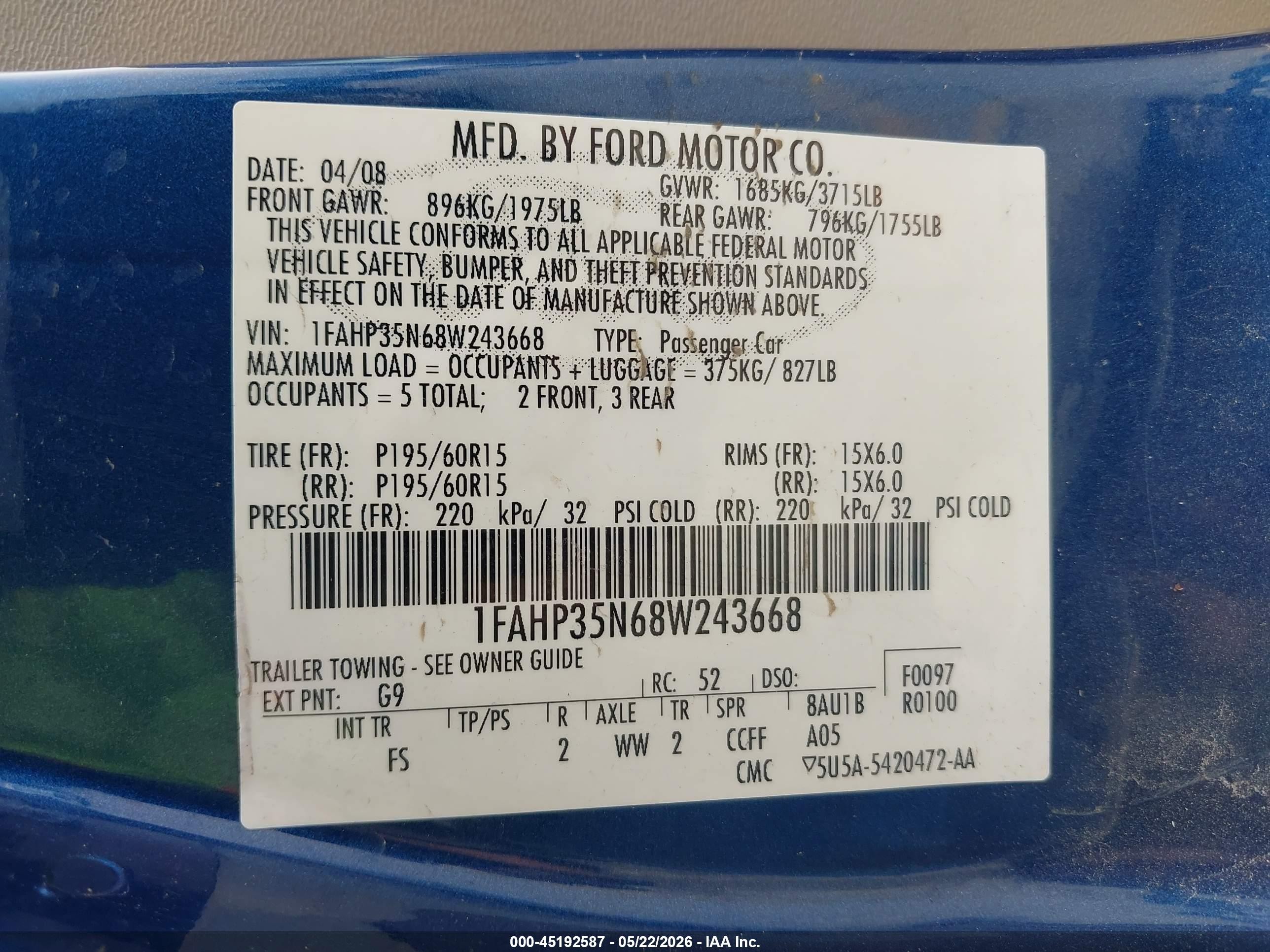 2008 Ford Focus Se/ses Синий vin: 1FAHP35N68W243668