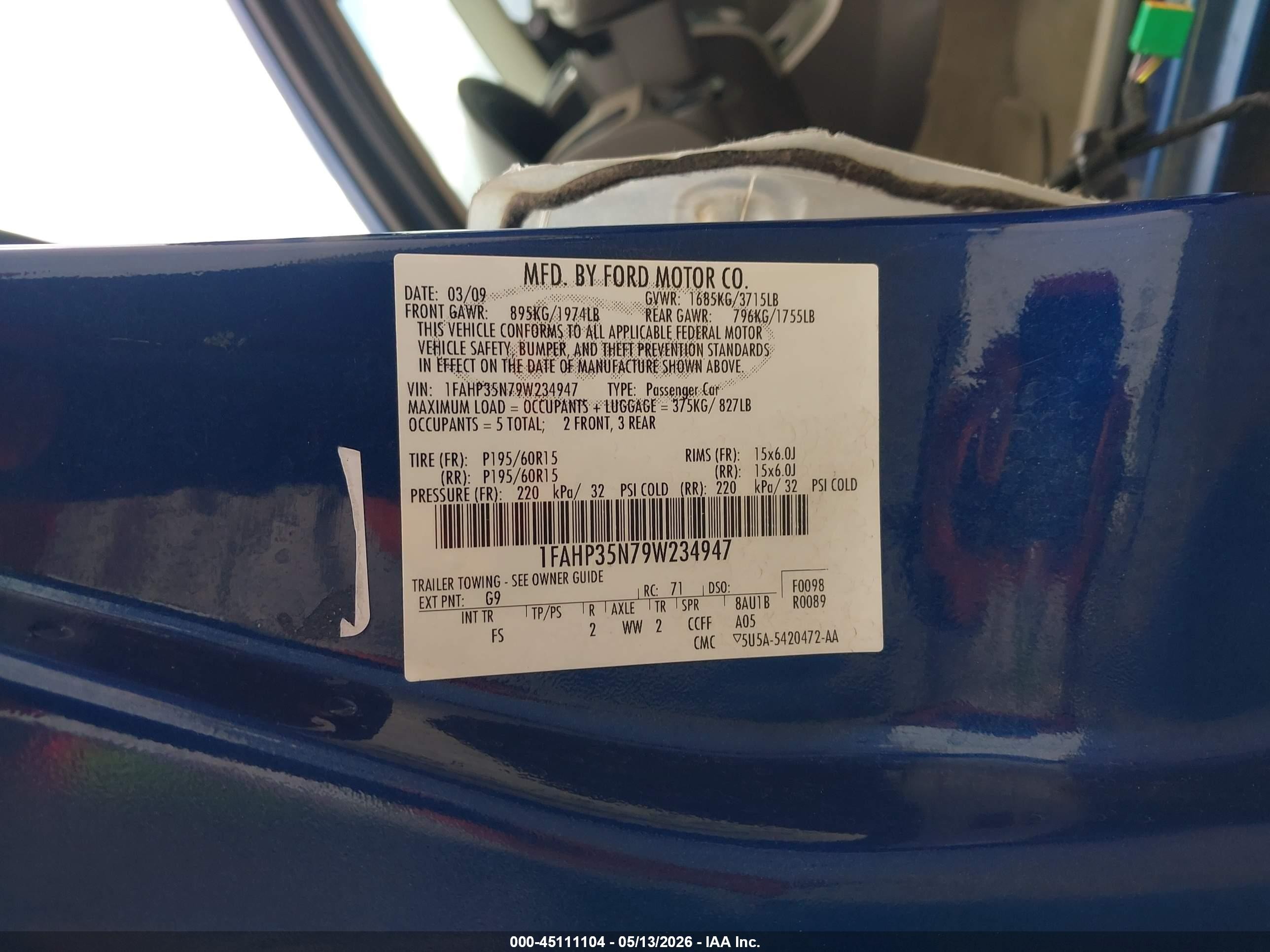 2009 Ford Focus Se Blue vin: 1FAHP35N79W234947