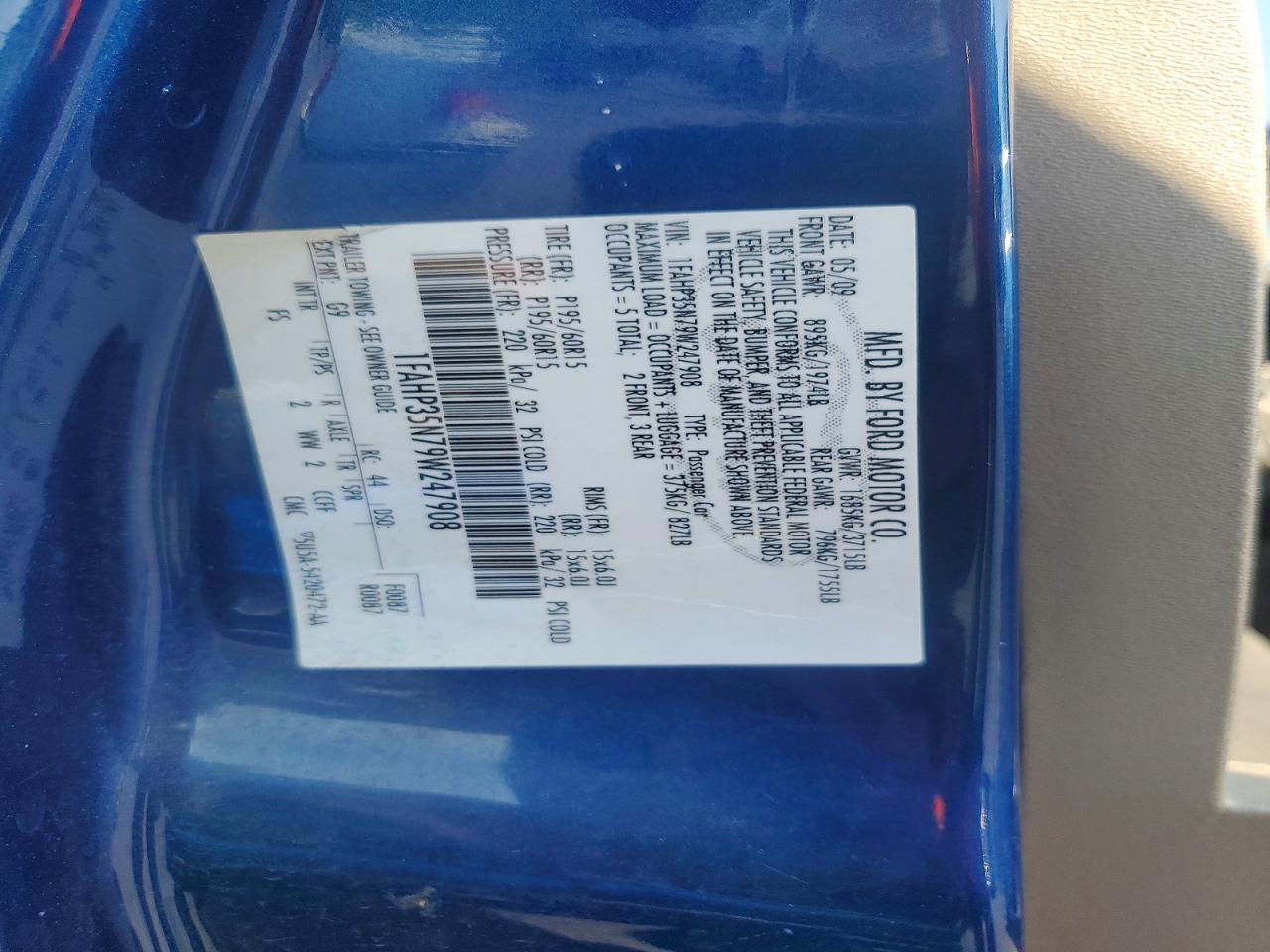 2009 Ford Focus Se Blue vin: 1FAHP35N79W247908