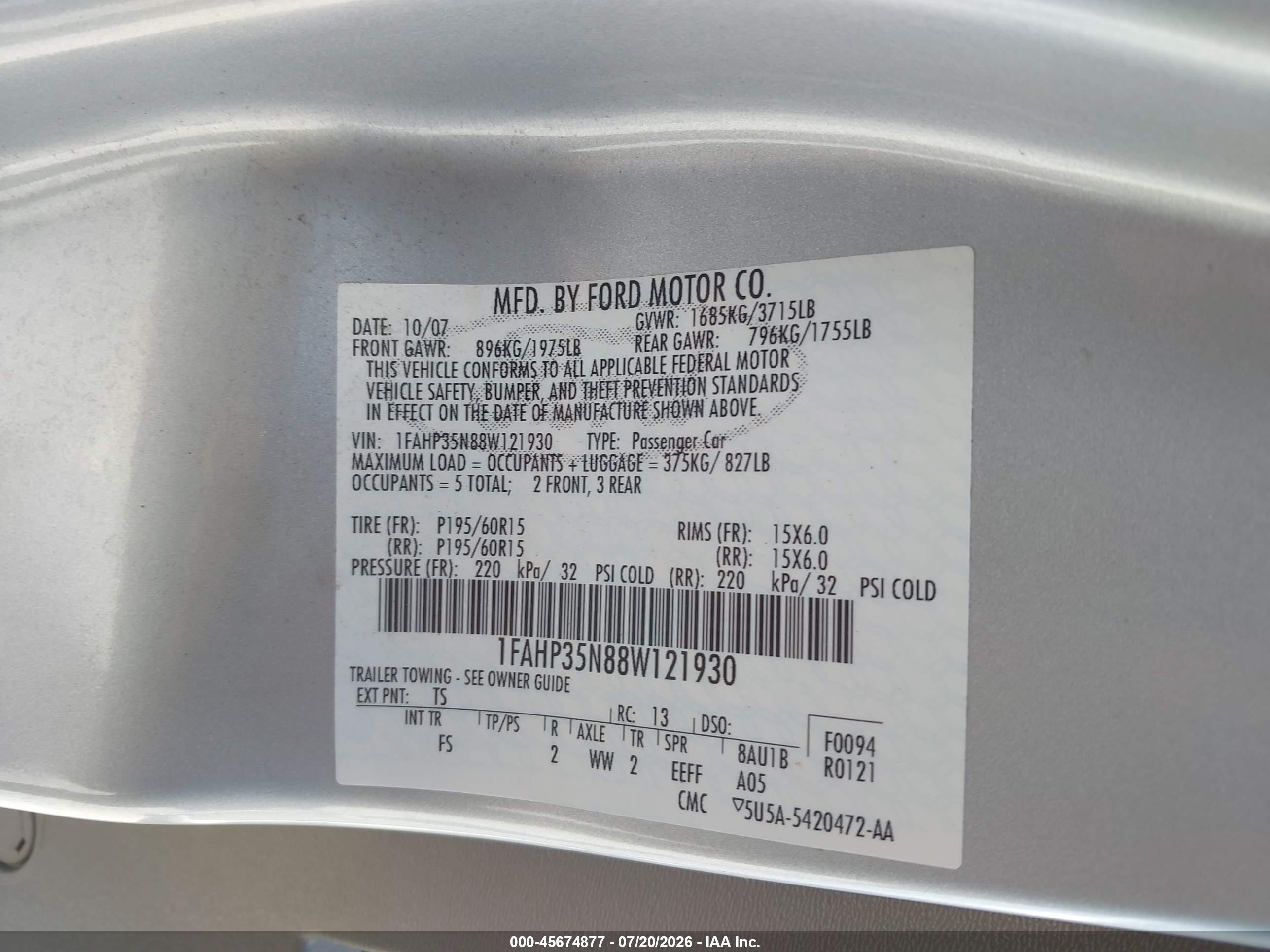 2008 Ford Focus Se/ses Silver vin: 1FAHP35N88W121930