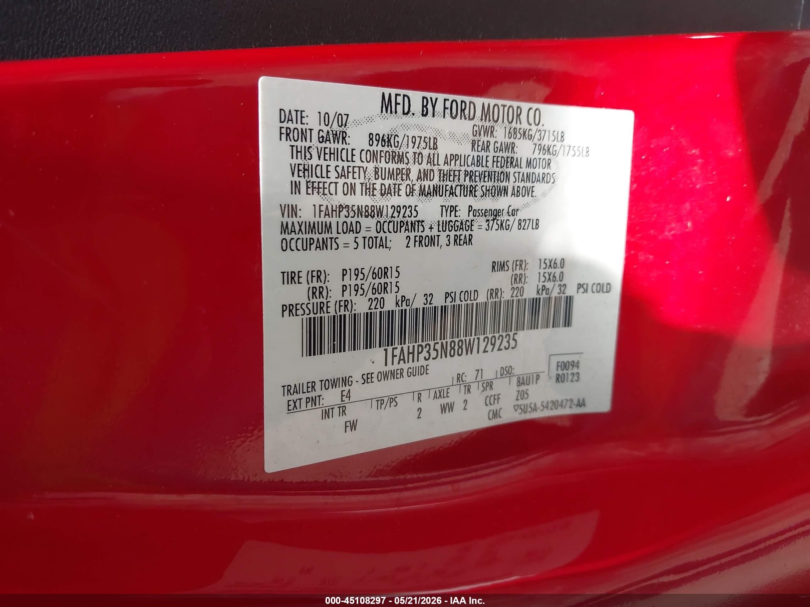 2008 Ford Focus Se/ses Red vin: 1FAHP35N88W129235