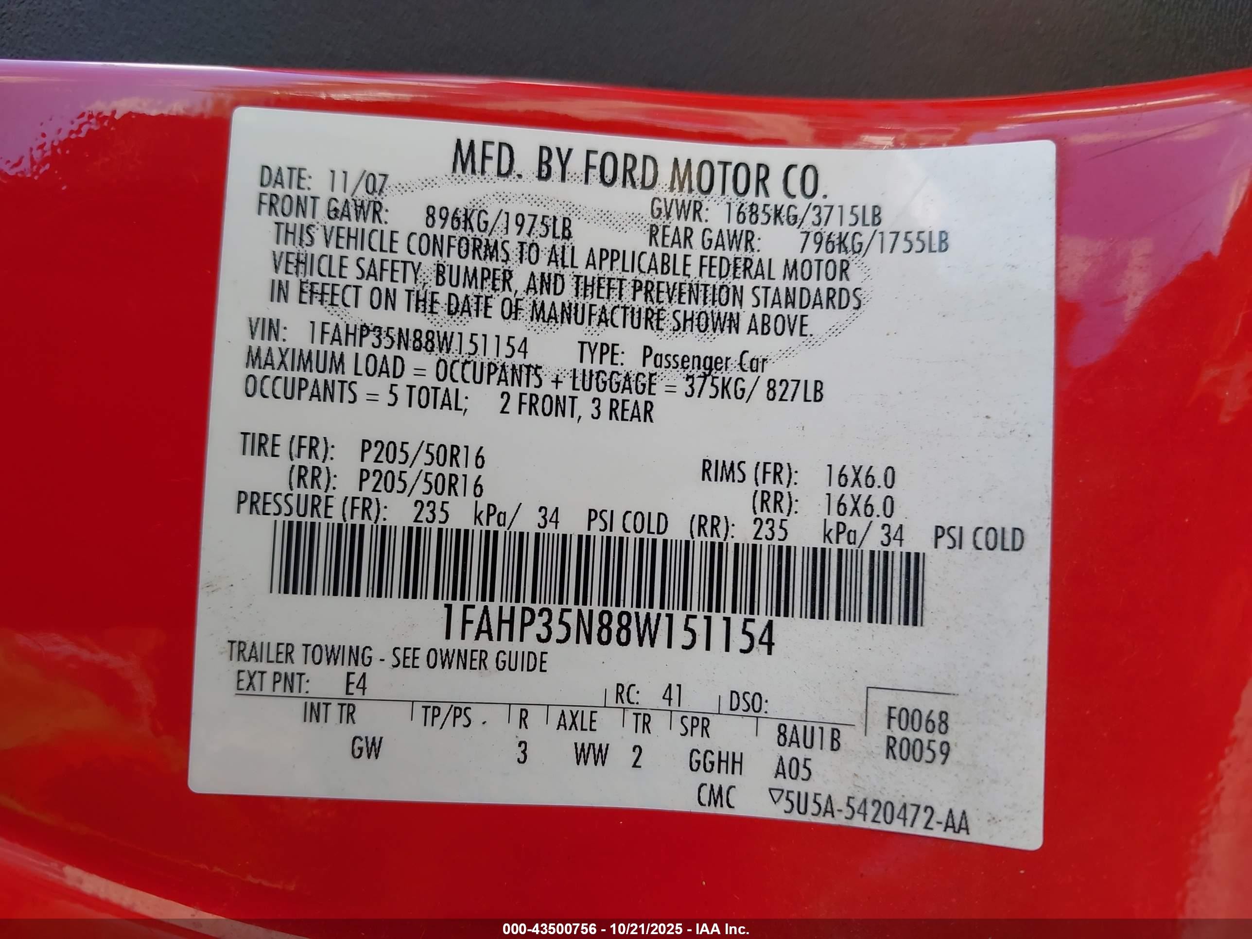 2008 Ford Focus Se/ses Red vin: 1FAHP35N88W151154