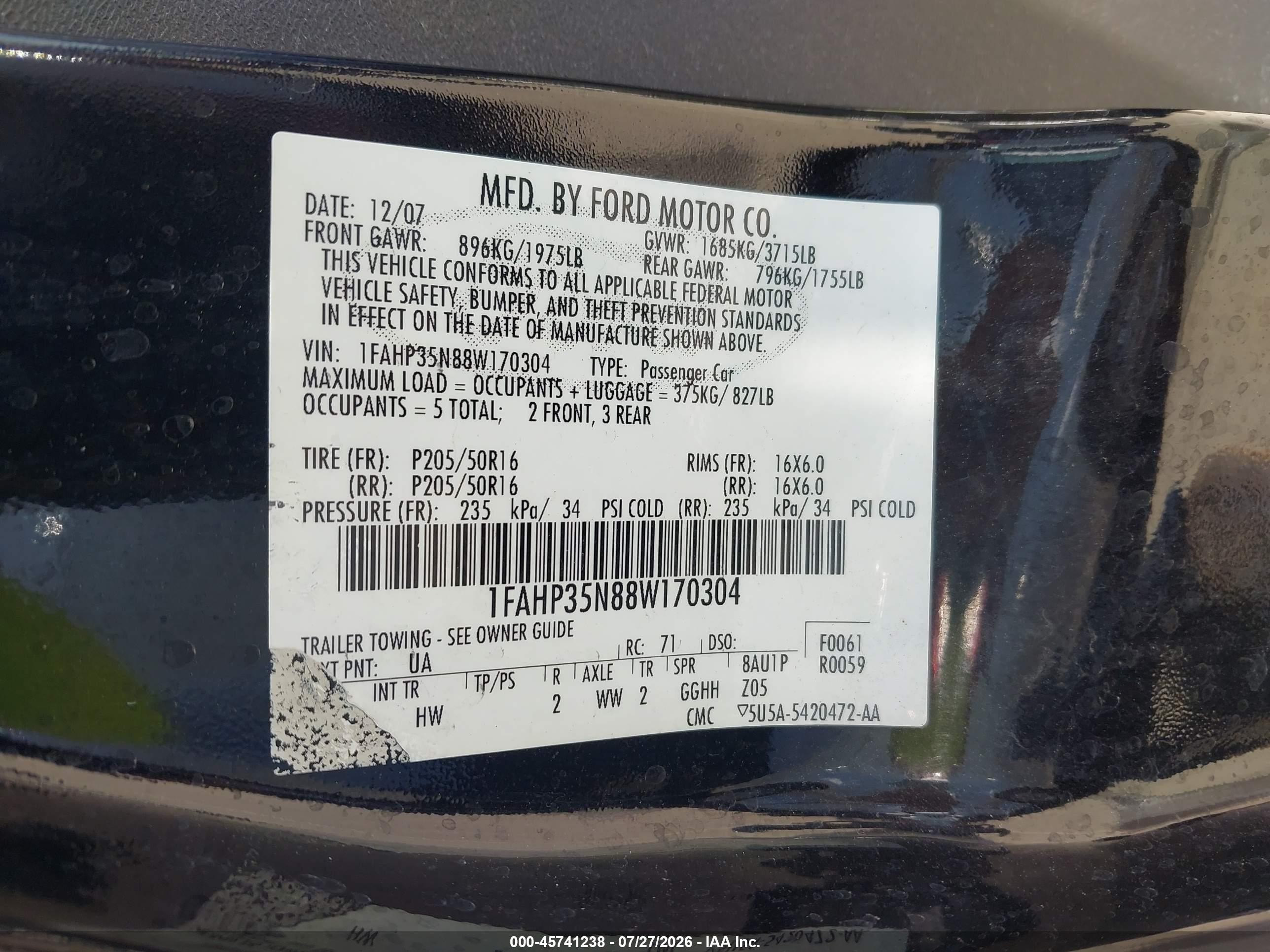 2008 Ford Focus Se/ses Black vin: 1FAHP35N88W170304