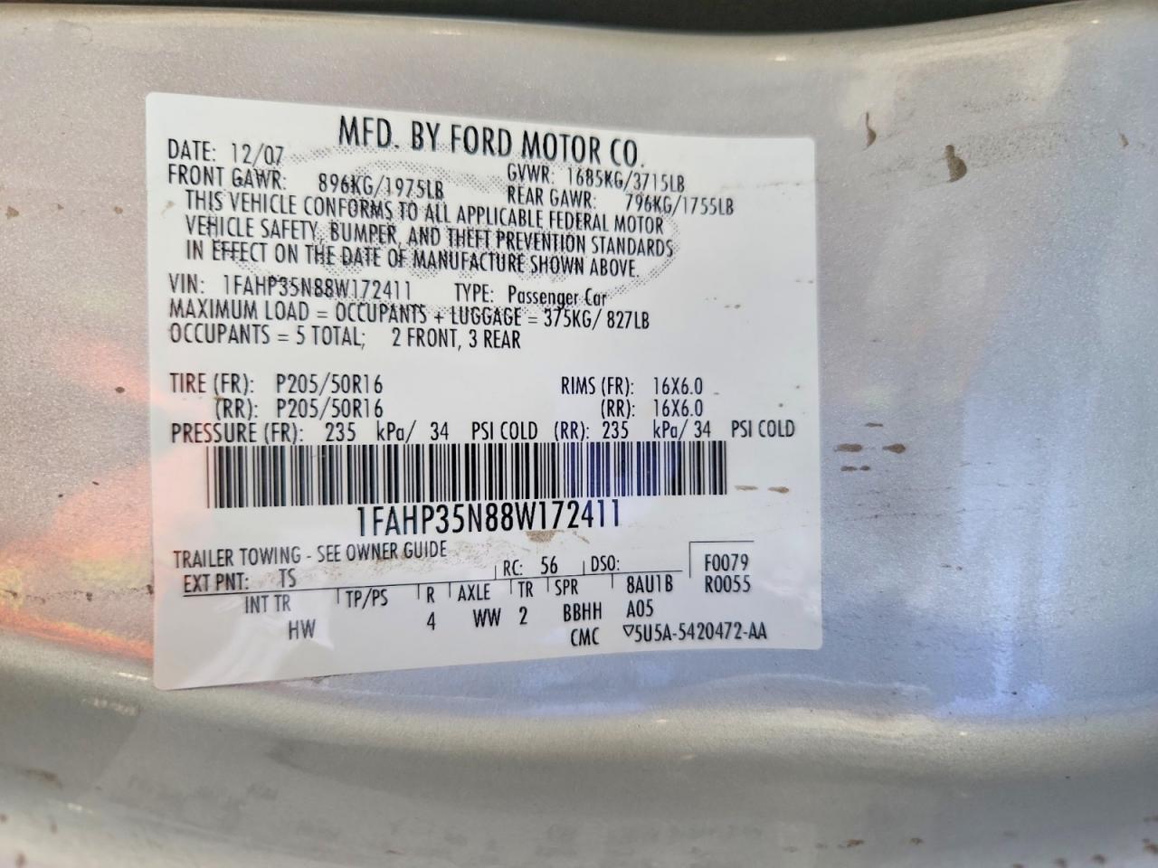 2008 Ford Focus Se Silver vin: 1FAHP35N88W172411