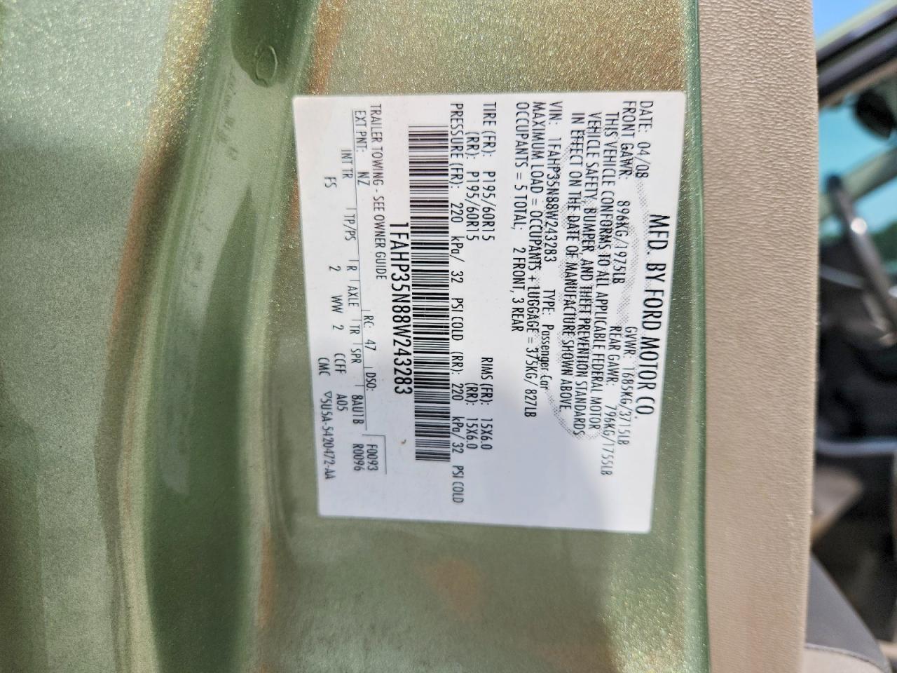 2008 Ford Focus Se Green vin: 1FAHP35N88W243283
