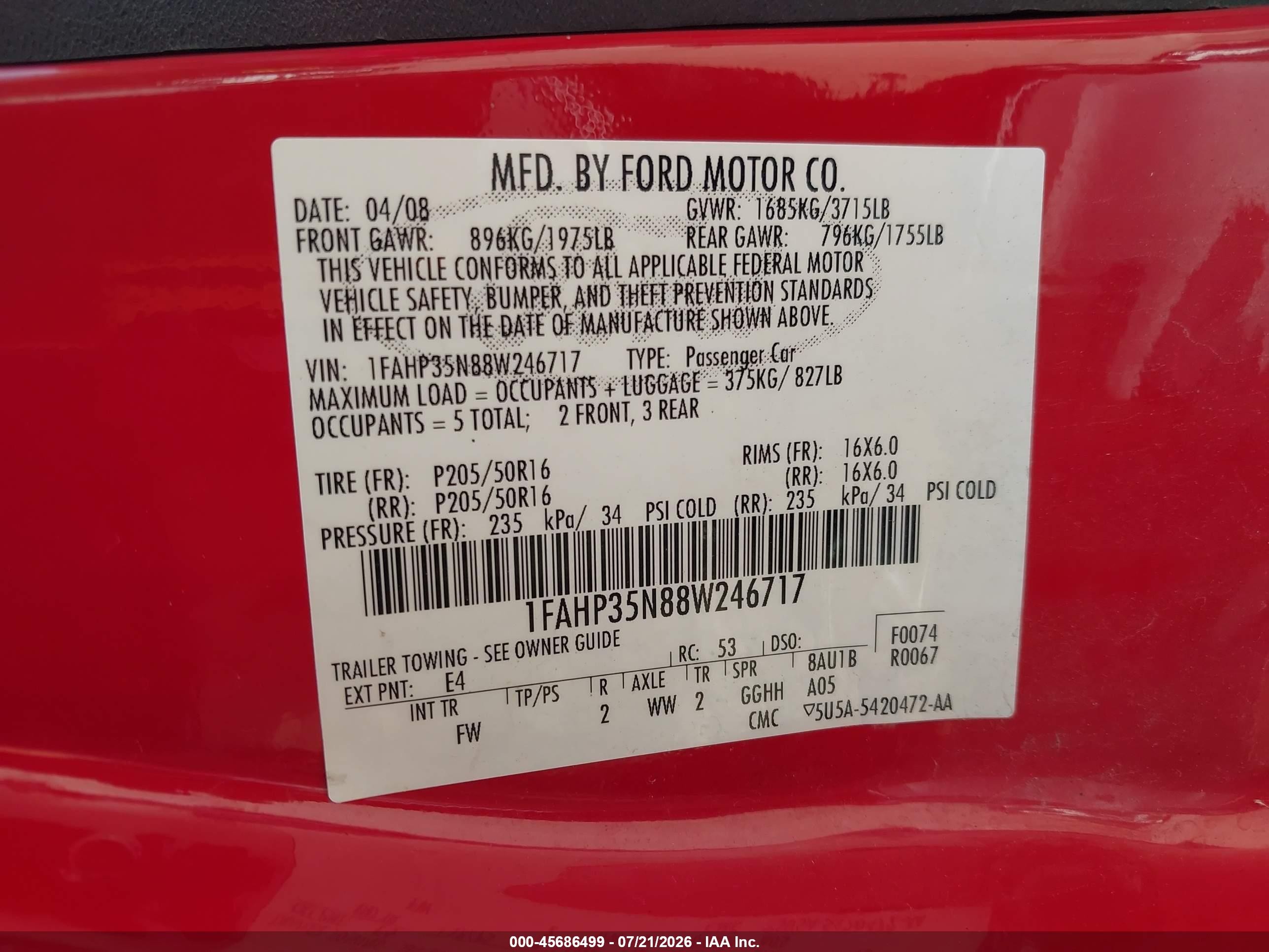 2008 Ford Focus Se/sel/ses Red vin: 1FAHP35N88W246717