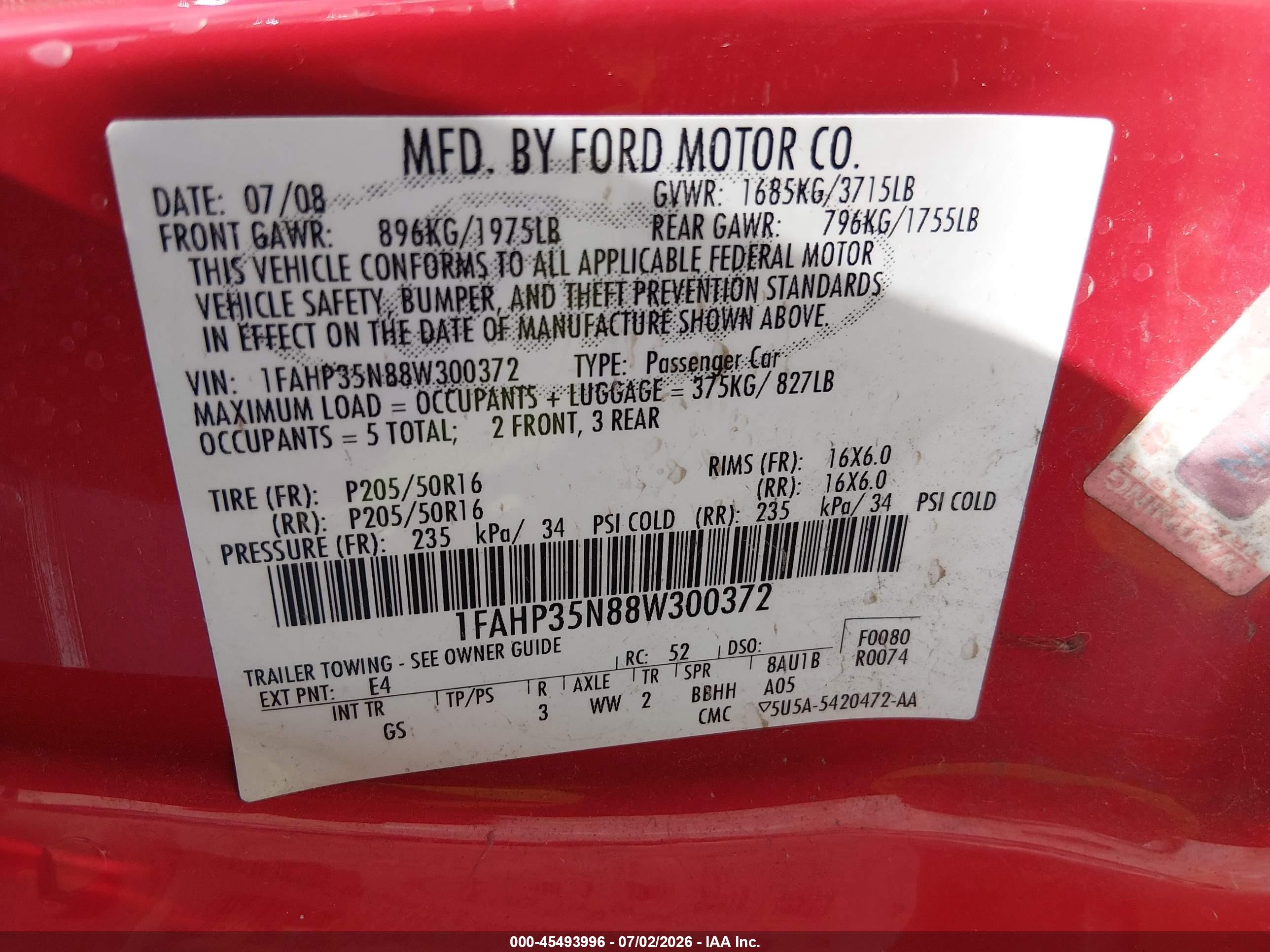 2008 Ford Focus Se/ses Red vin: 1FAHP35N88W300372