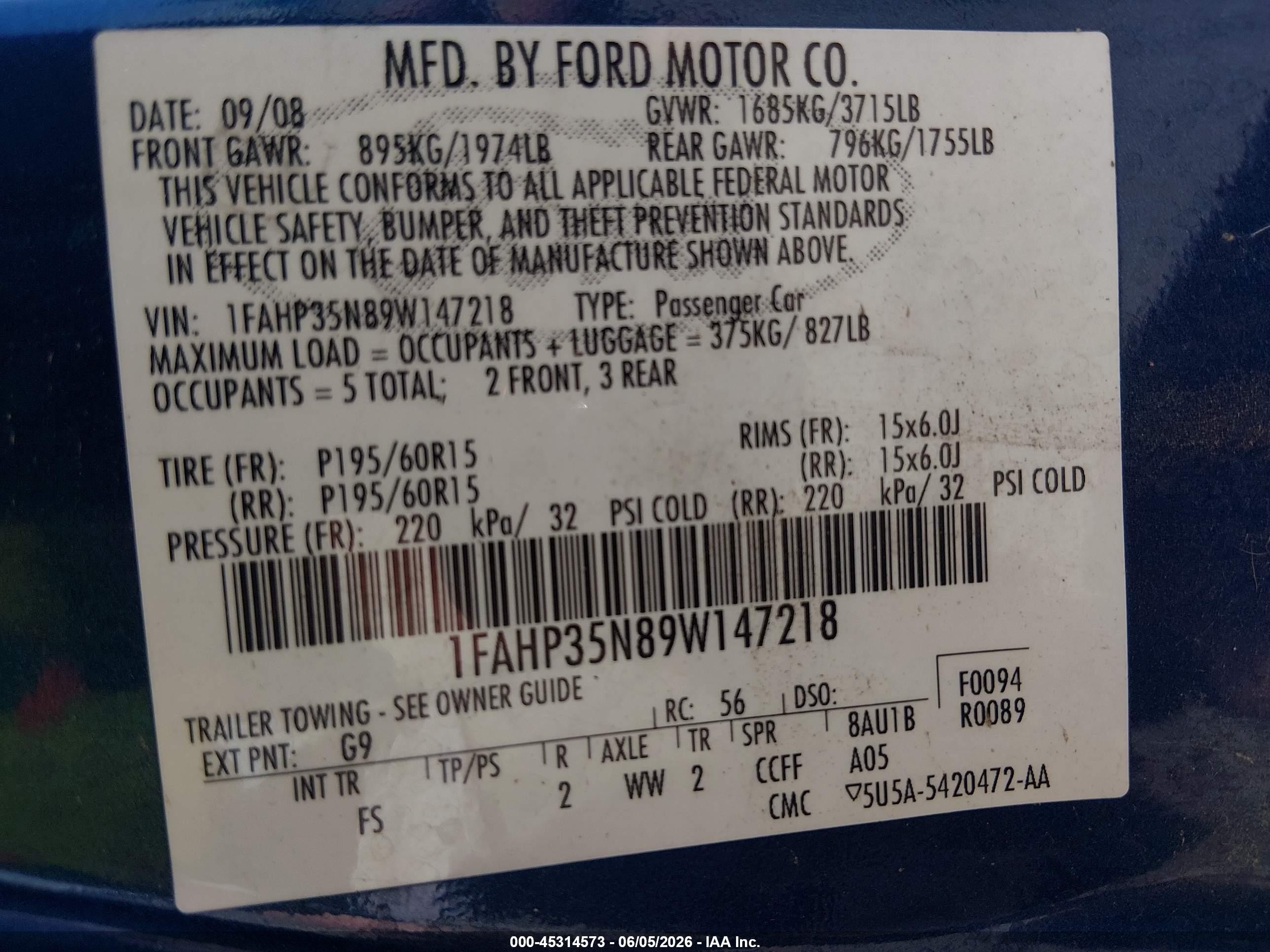2009 Ford Focus Se Blue vin: 1FAHP35N89W147218