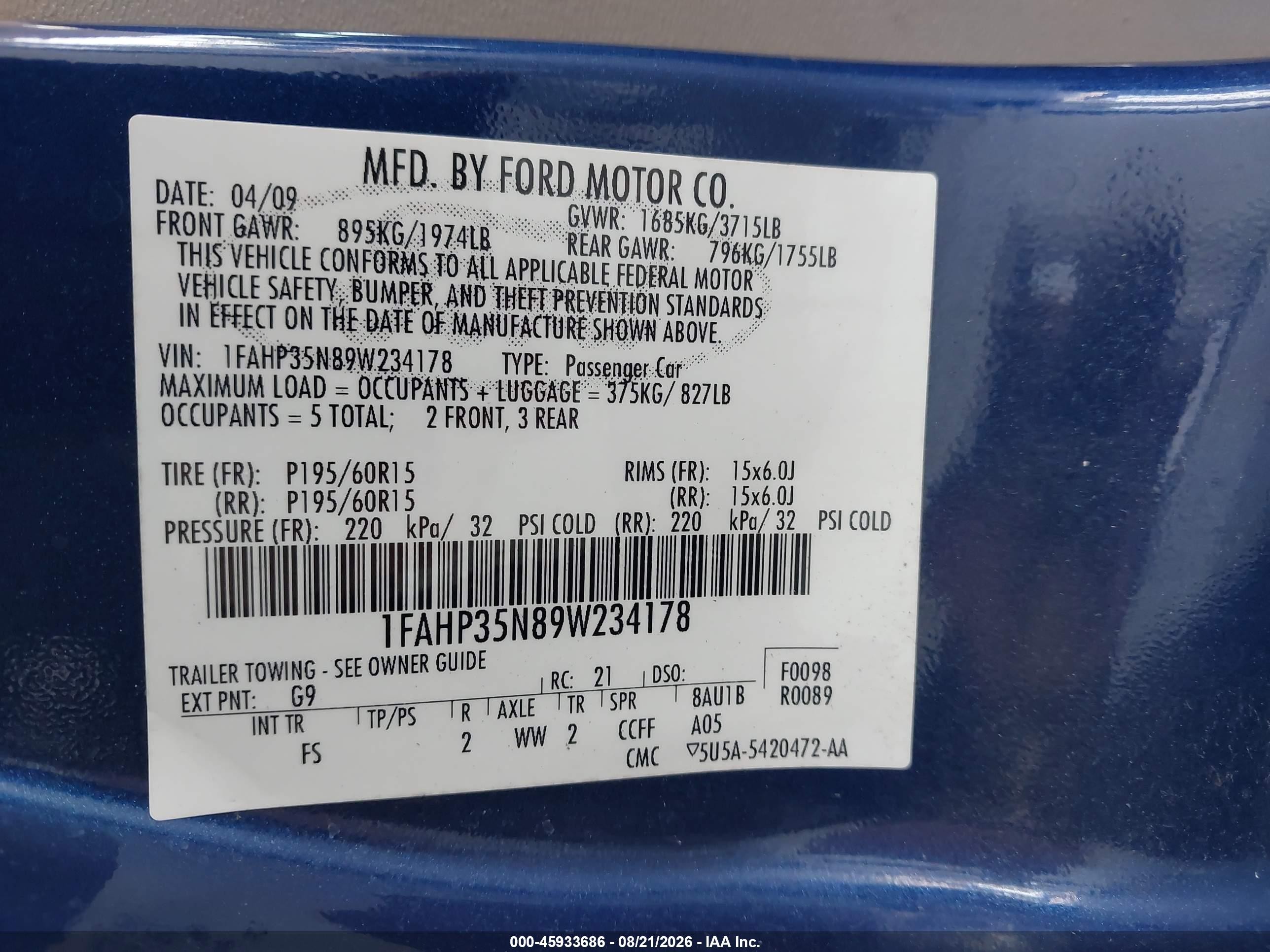2009 Ford Focus Se Blue vin: 1FAHP35N89W234178