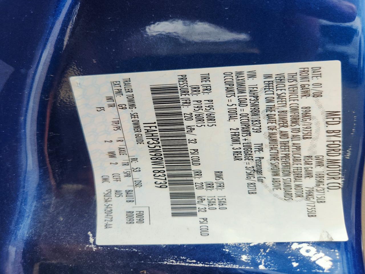 2008 Ford Focus Se Blue vin: 1FAHP35N98W183739
