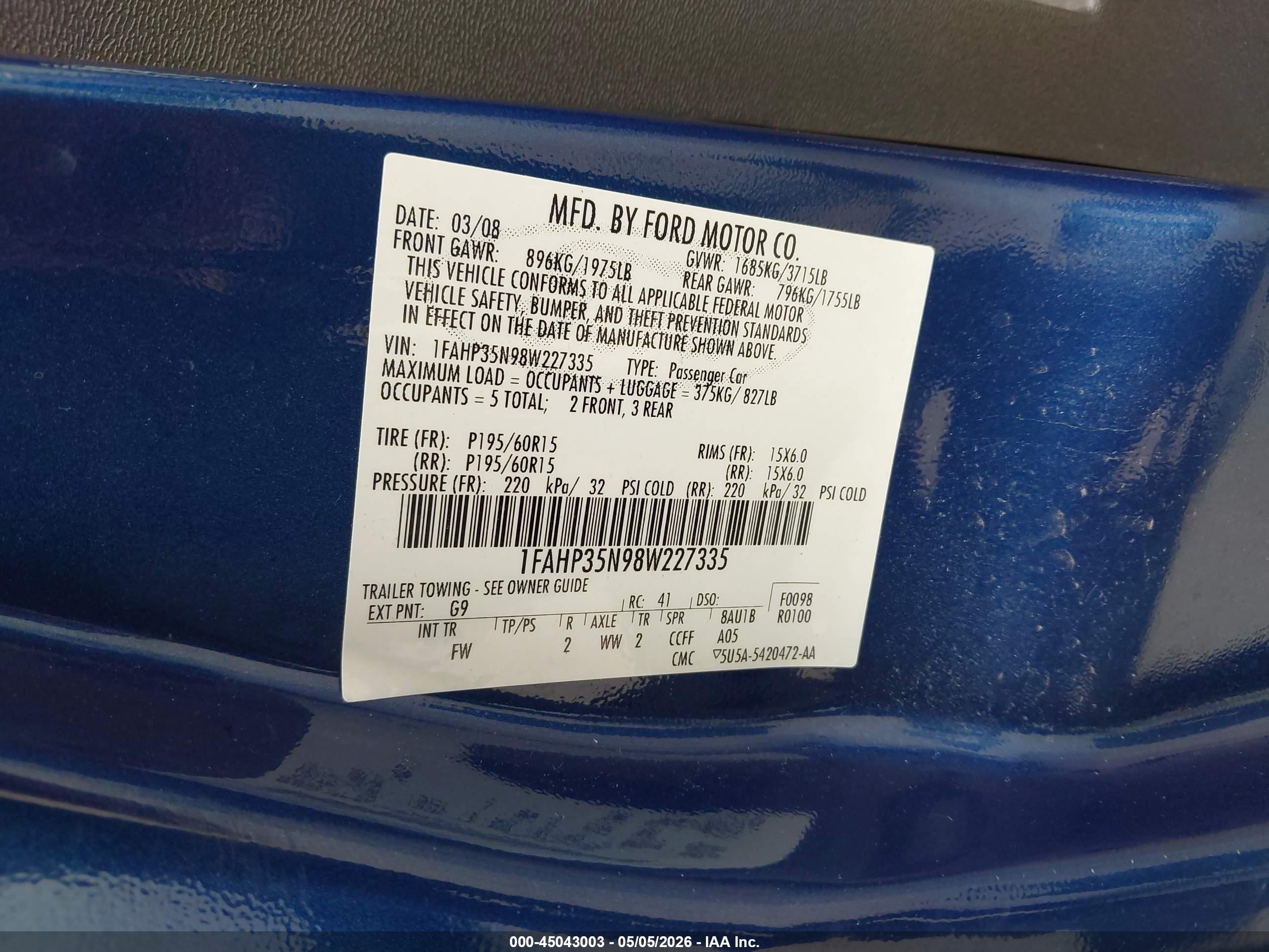2008 Ford Focus Se/ses Blue vin: 1FAHP35N98W227335