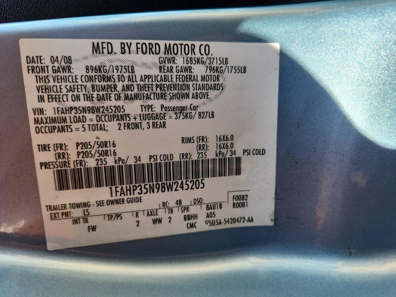 2008 Ford Focus Se Blue vin: 1FAHP35N98W245205