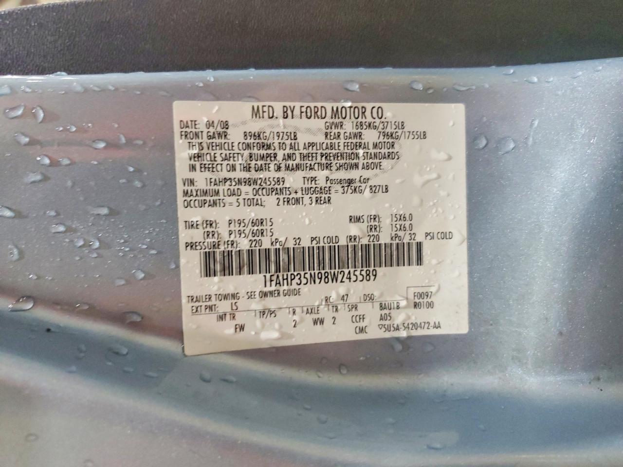 2008 Ford Focus Se Blue vin: 1FAHP35N98W245589
