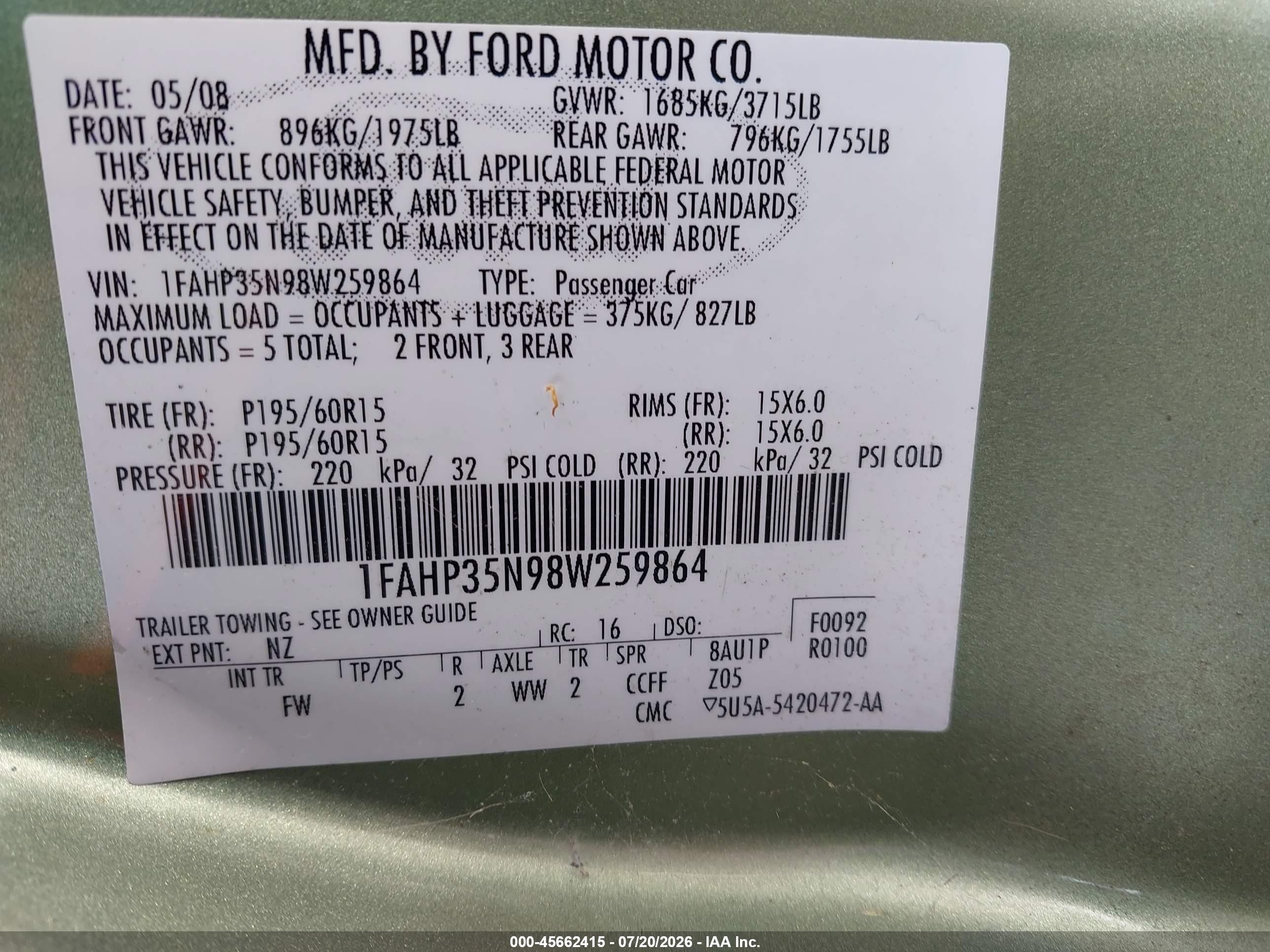 2008 Ford Focus Se/ses Green vin: 1FAHP35N98W259864
