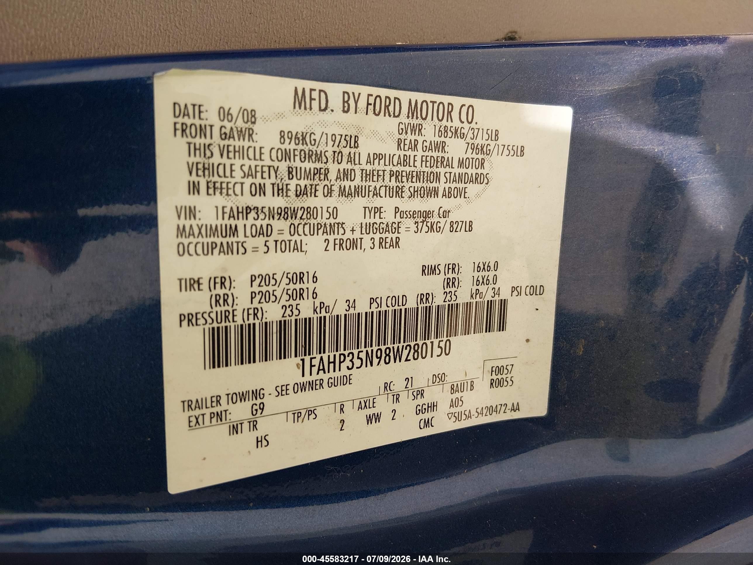 2008 Ford Focus Se/ses Синий vin: 1FAHP35N98W280150