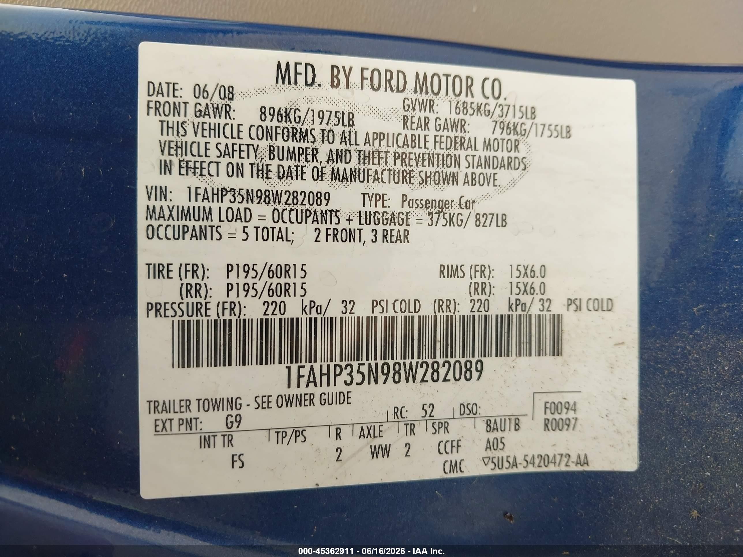 2008 Ford Focus Se/ses Blue vin: 1FAHP35N98W282089