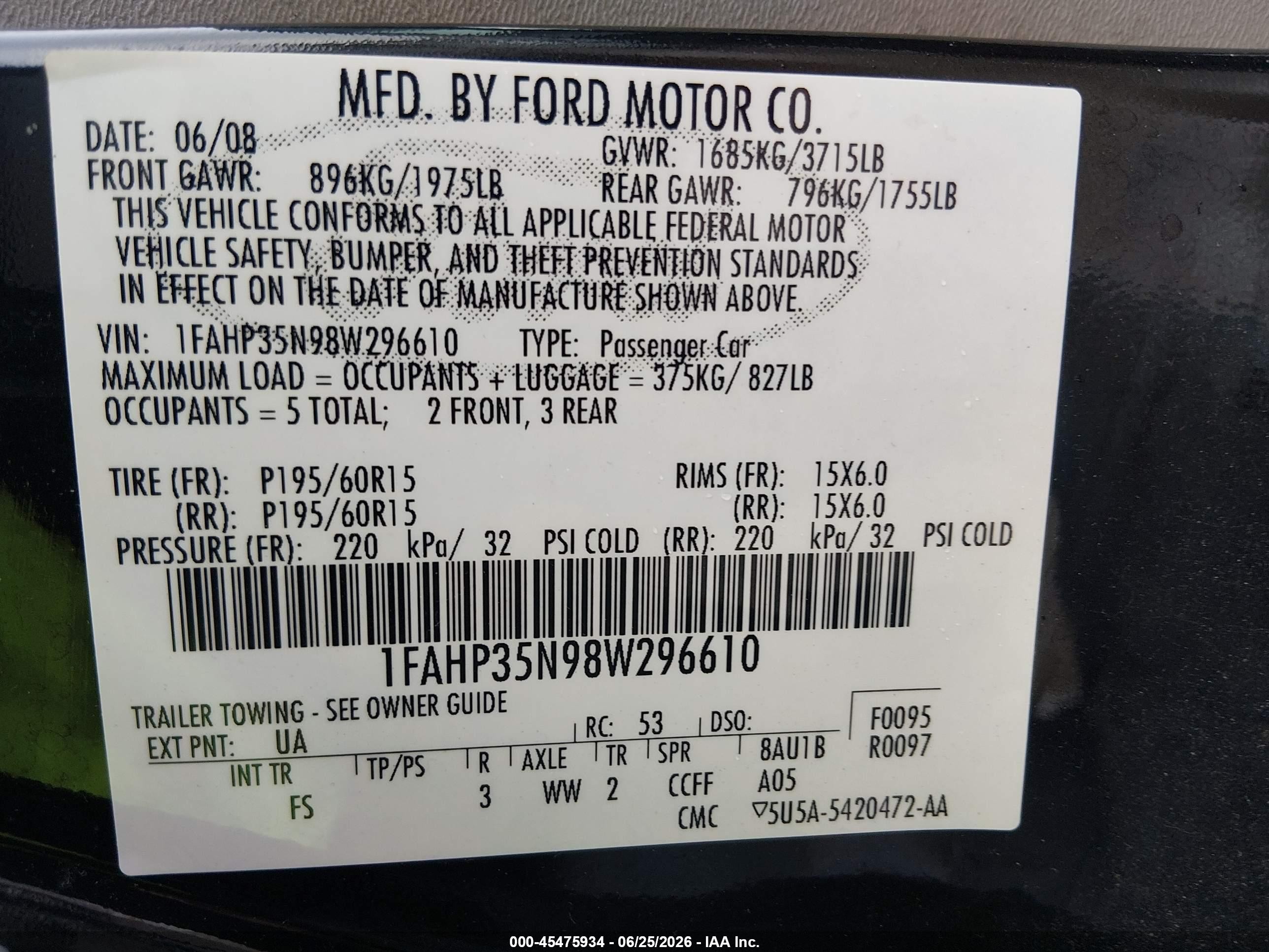 2008 Ford Focus Se/ses Black vin: 1FAHP35N98W296610