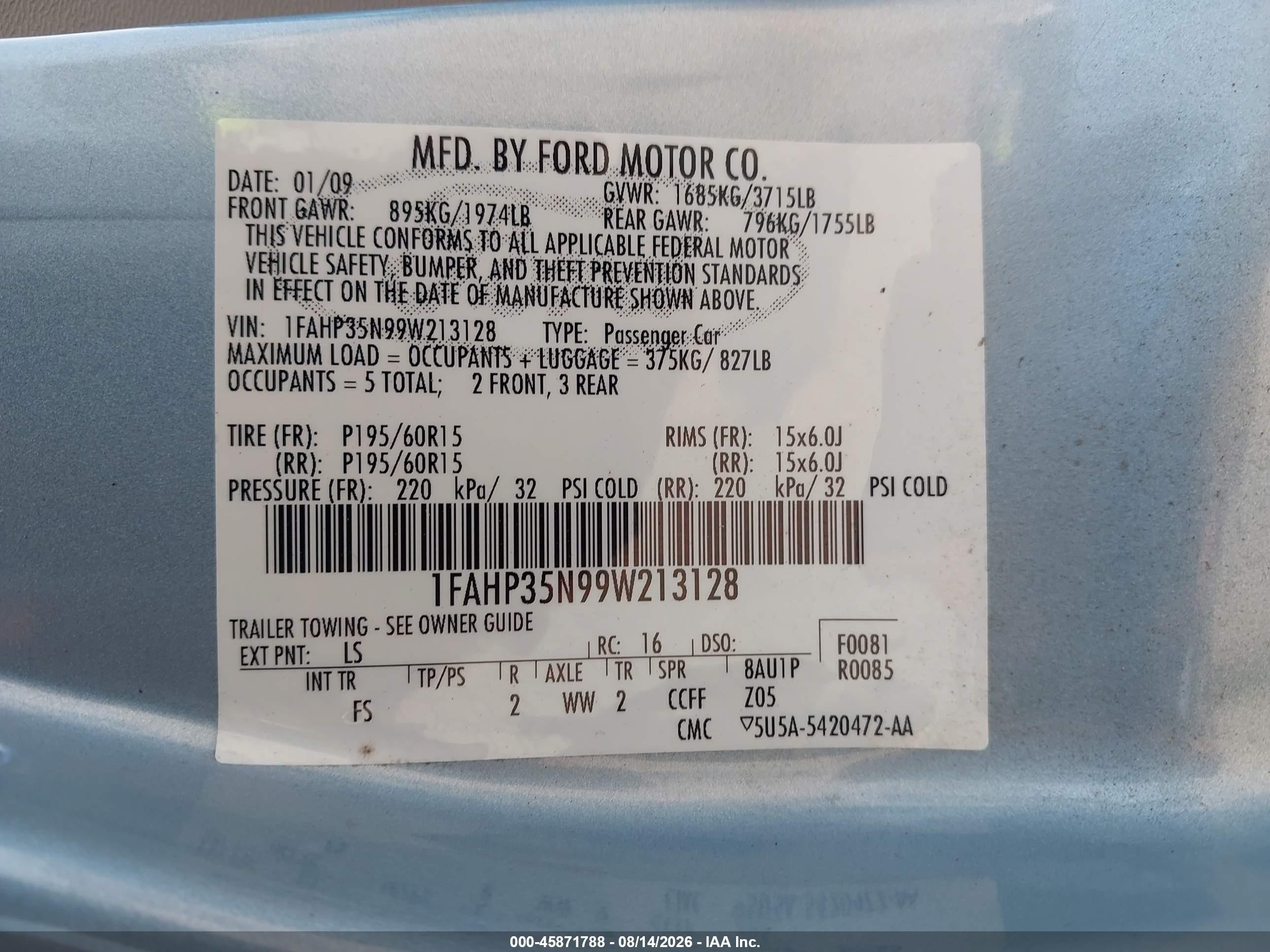 2009 Ford Focus Se Light Blue vin: 1FAHP35N99W213128