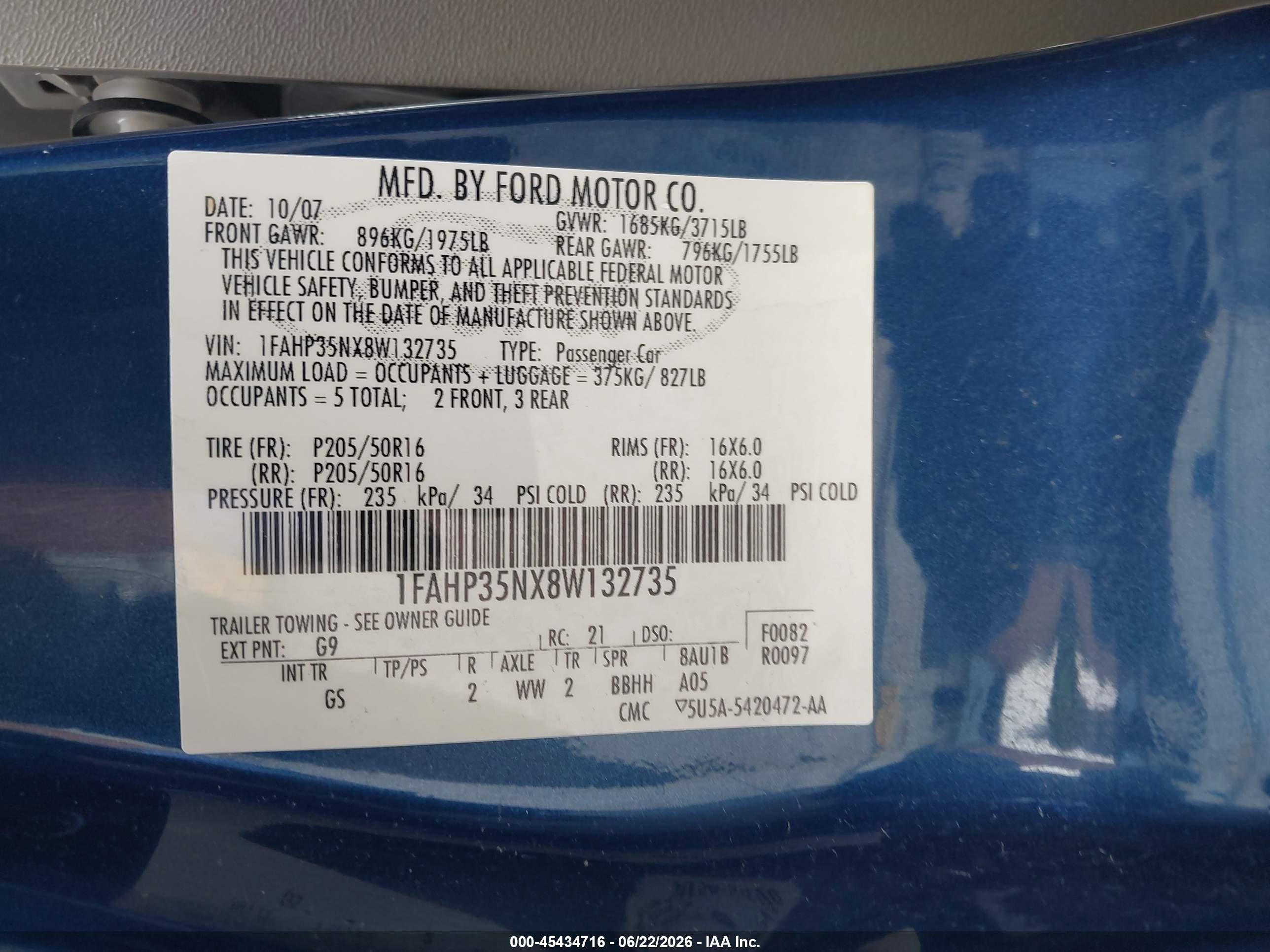 2008 Ford Focus Se/ses Blue vin: 1FAHP35NX8W132735