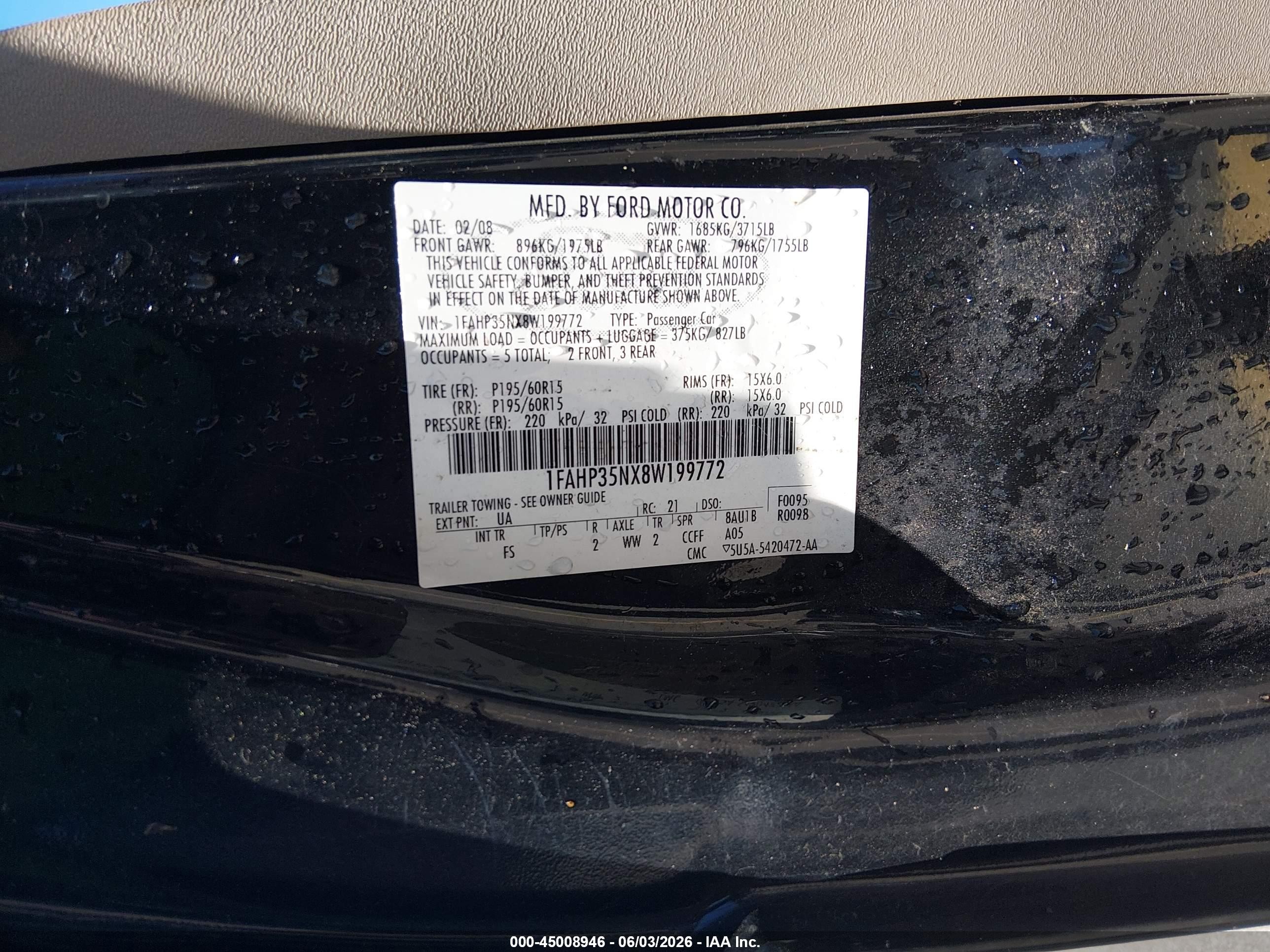 2008 Ford Focus Se/ses Black vin: 1FAHP35NX8W199772