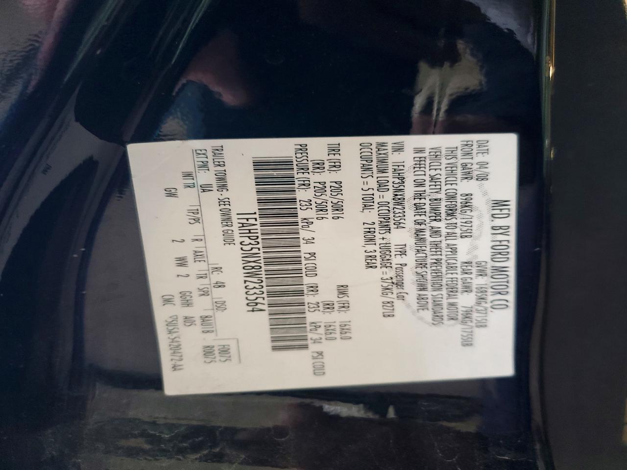 2008 Ford Focus Black vin: 1FAHP35NX8W233564