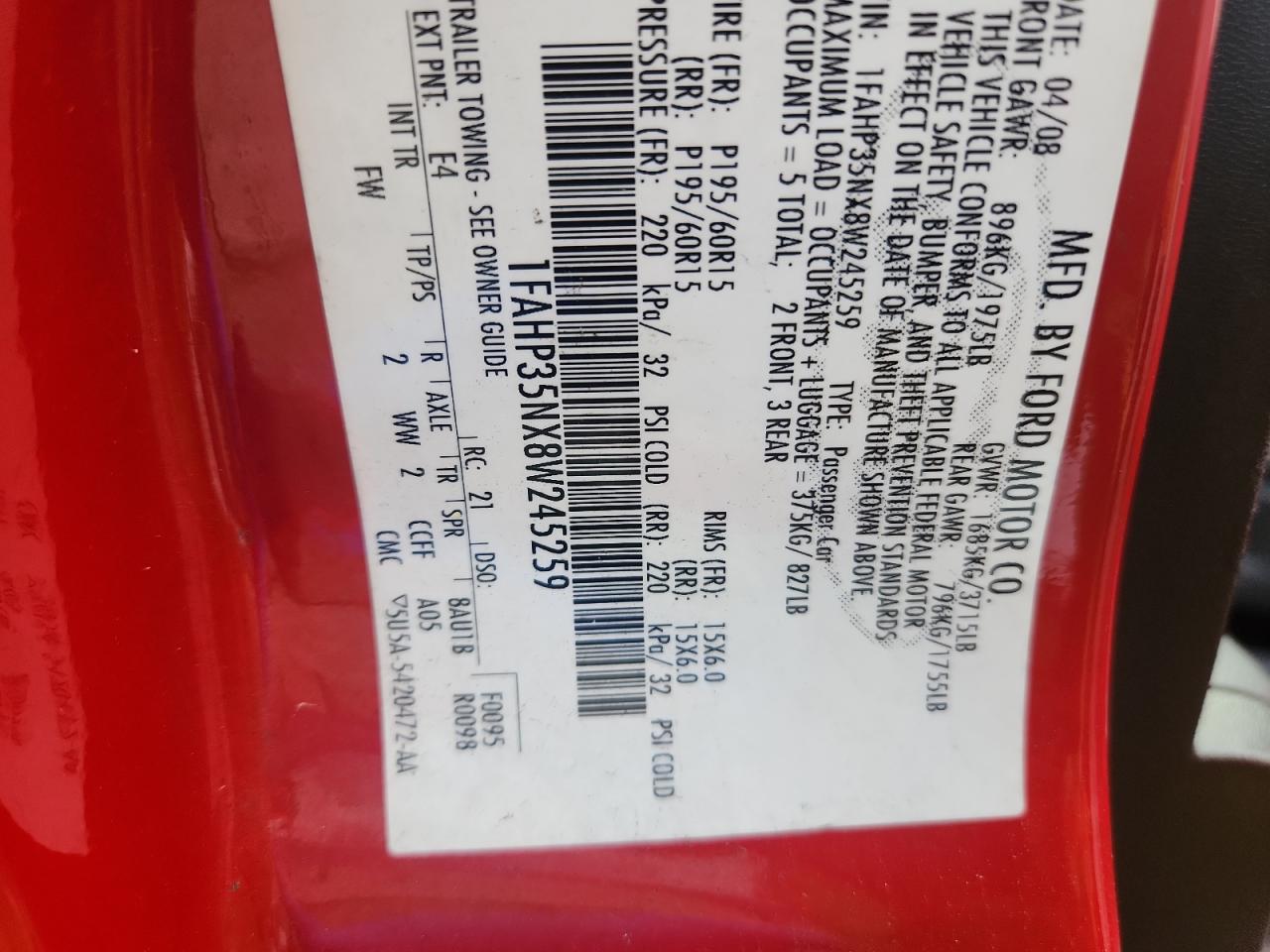 2008 Ford Focus Se Red vin: 1FAHP35NX8W245259