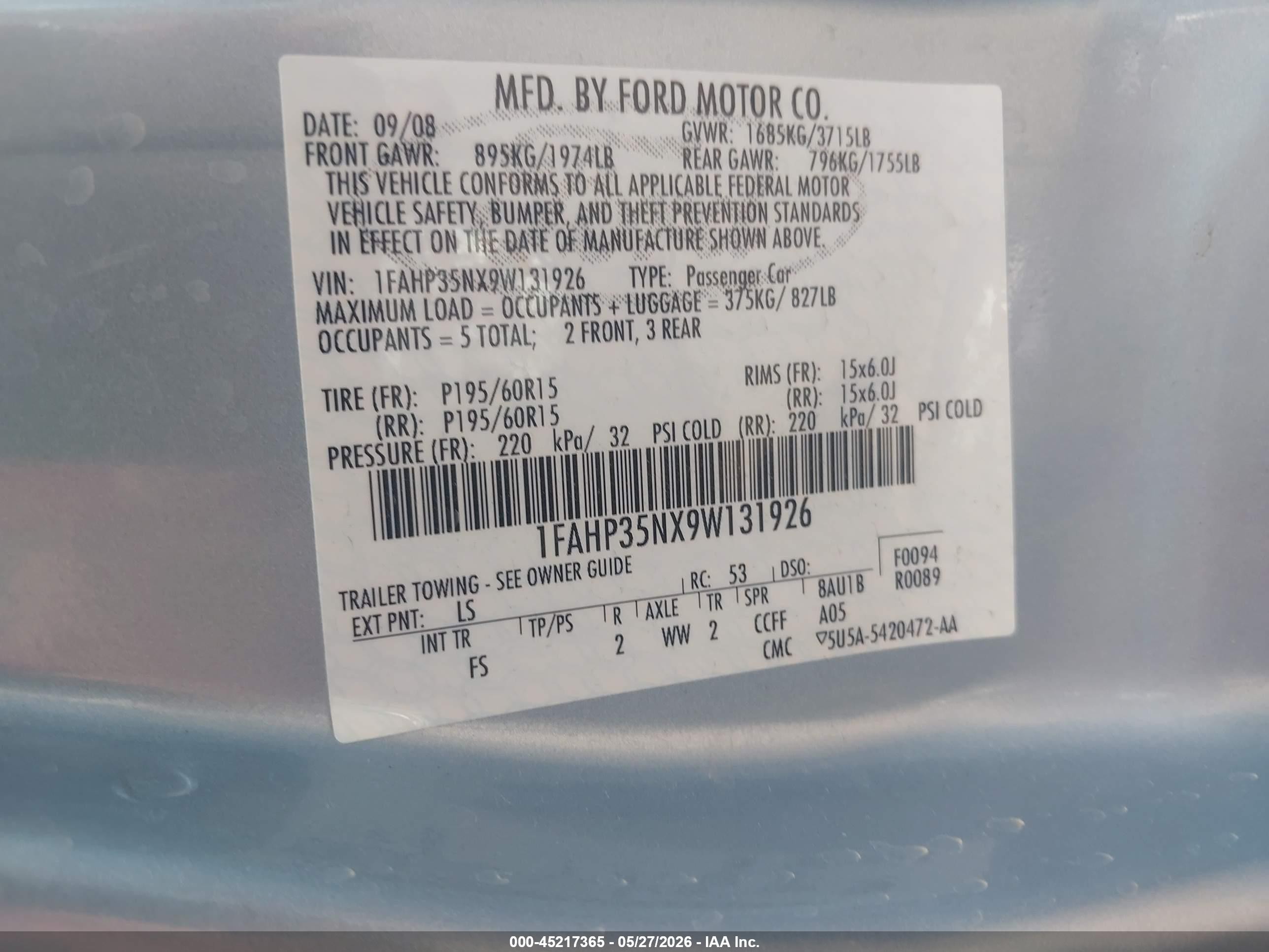 2009 Ford Focus Se Light Blue vin: 1FAHP35NX9W131926