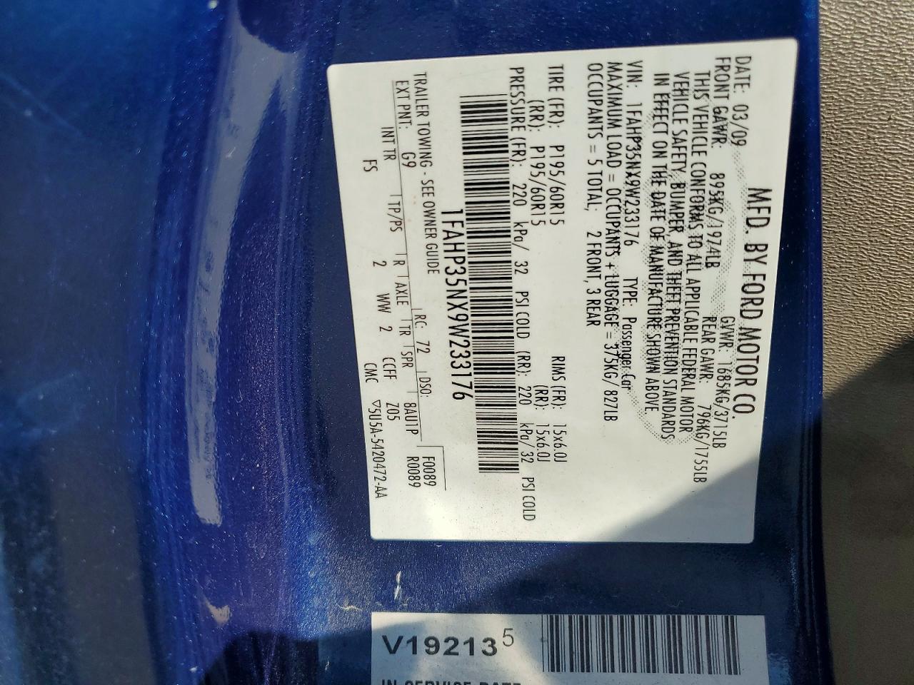 2009 Ford Focus Se Blue vin: 1FAHP35NX9W233176
