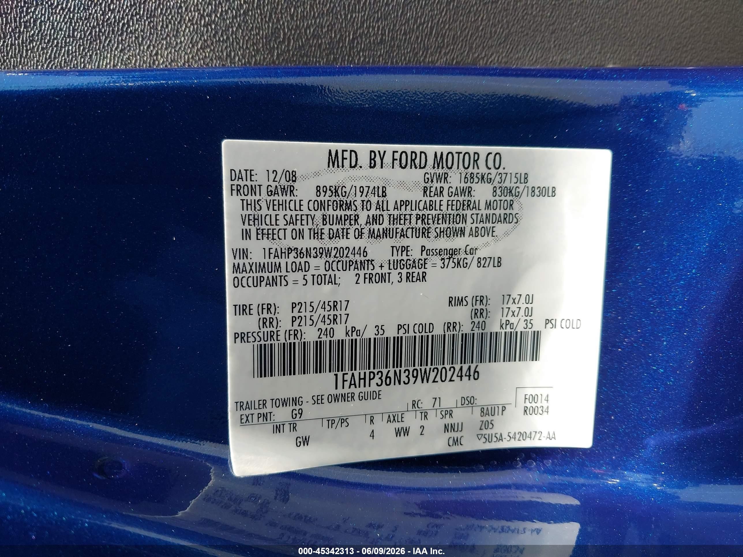 2009 Ford Focus Ses Синий vin: 1FAHP36N39W202446