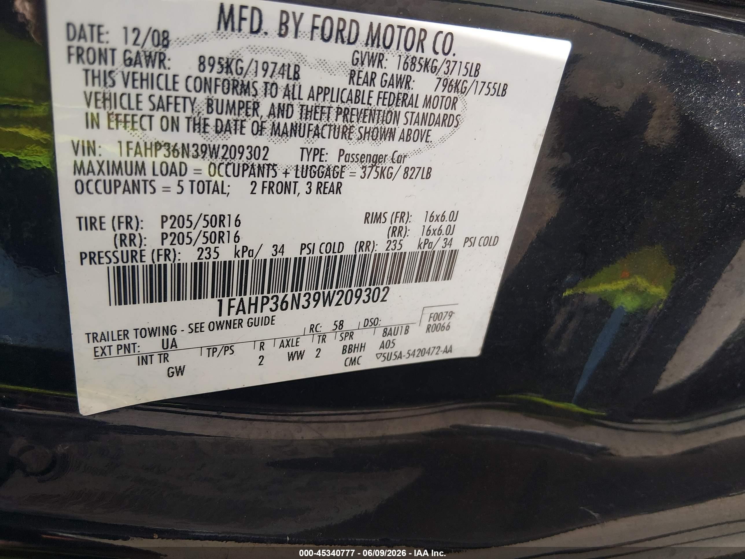 2009 Ford Focus Ses Black vin: 1FAHP36N39W209302