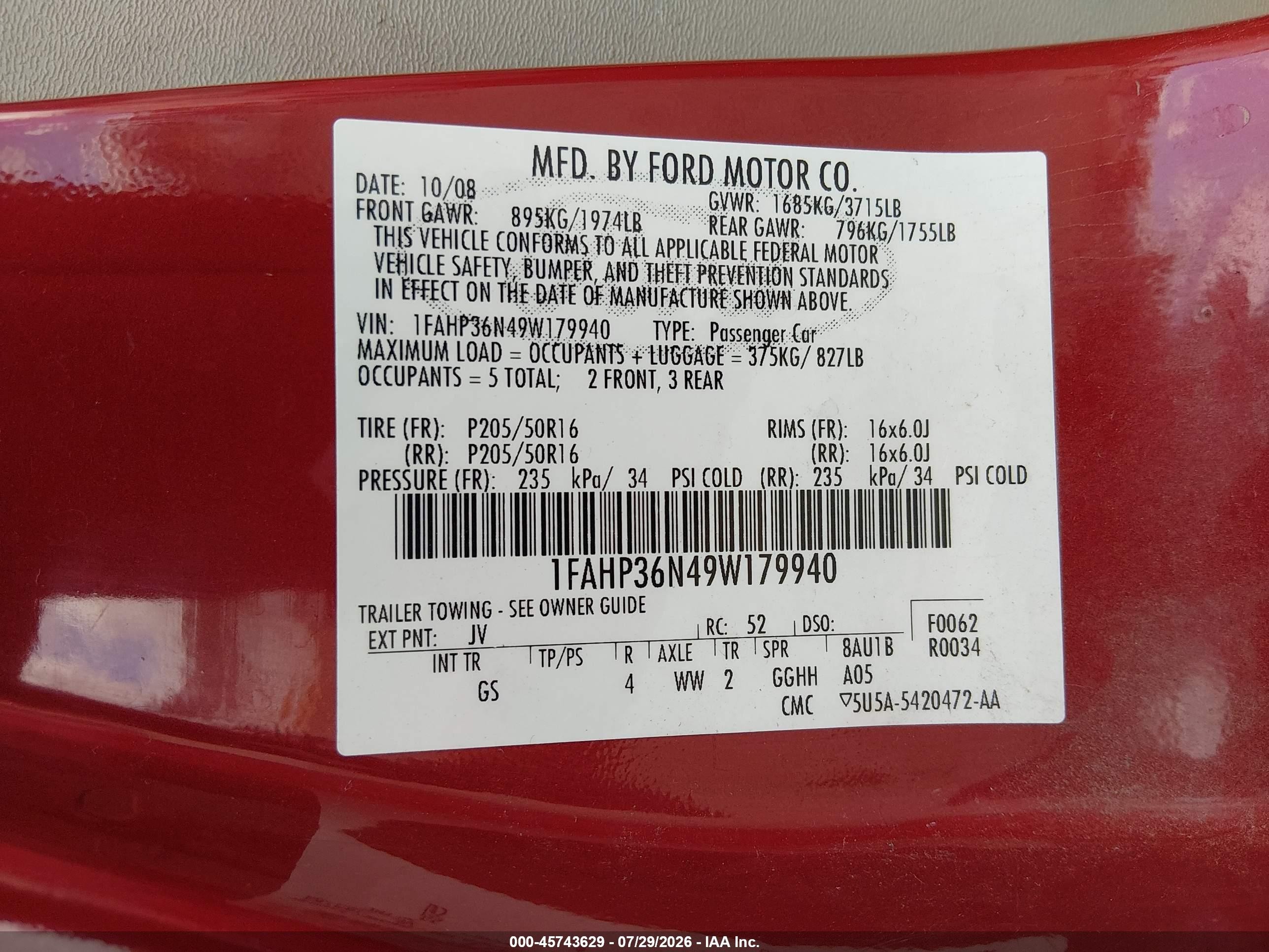 2009 Ford Focus Ses Red vin: 1FAHP36N49W179940