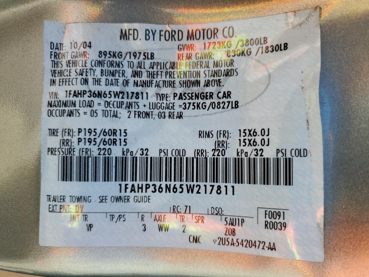 Price & History 2005 Ford Focus Zxw 2.0l 4 vin: 1FAHP36N65W217811