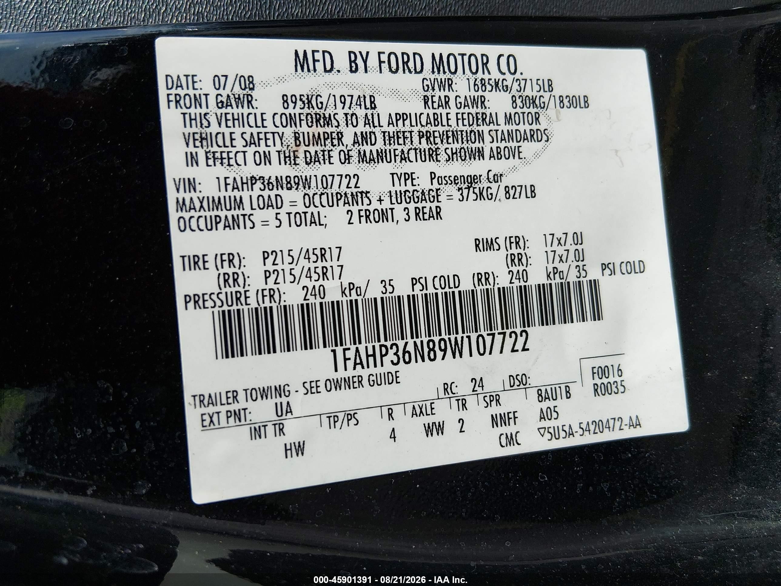 2009 Ford Focus Ses Black vin: 1FAHP36N89W107722