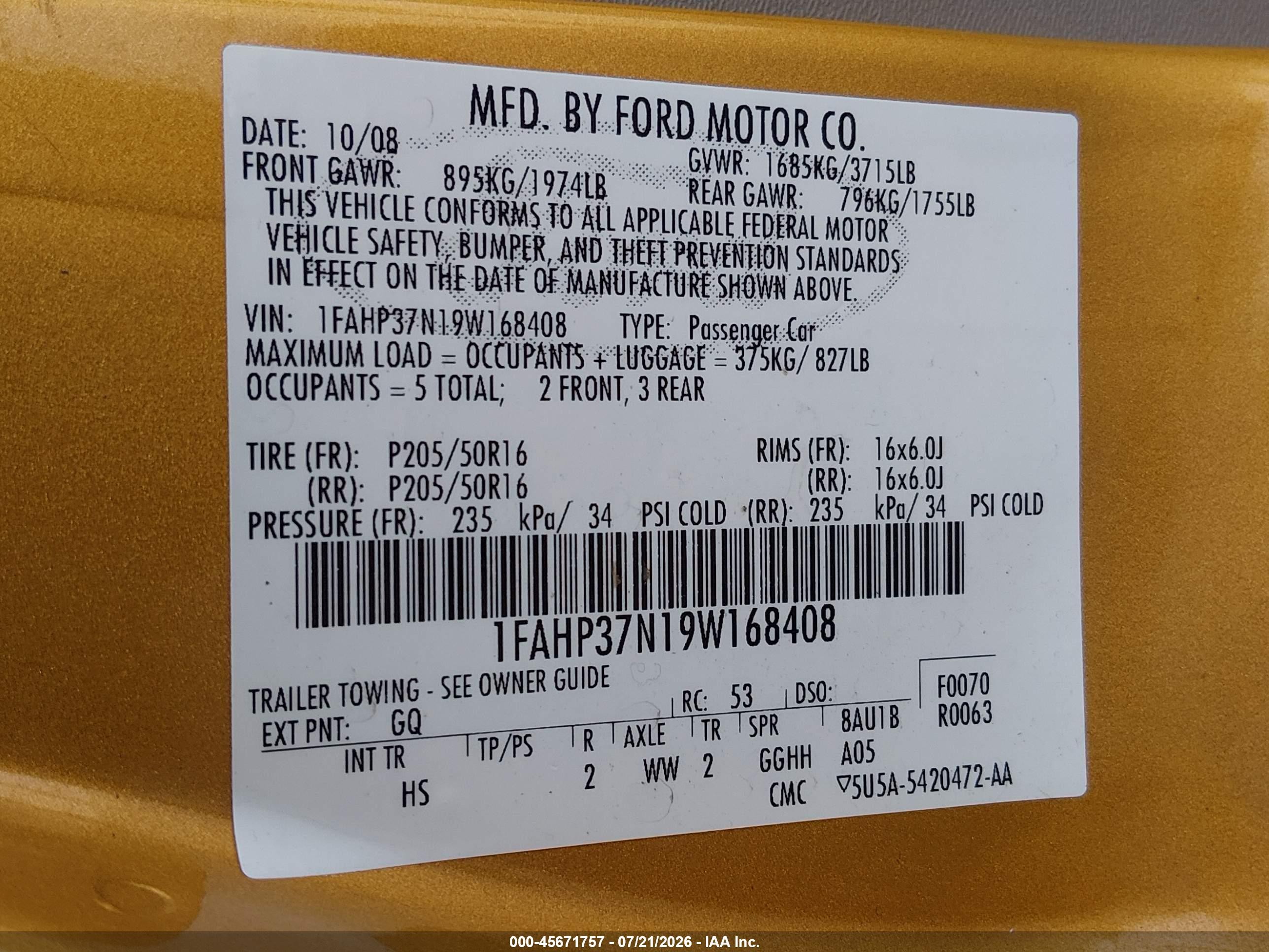 2009 Ford Focus Sel Золотой vin: 1FAHP37N19W168408