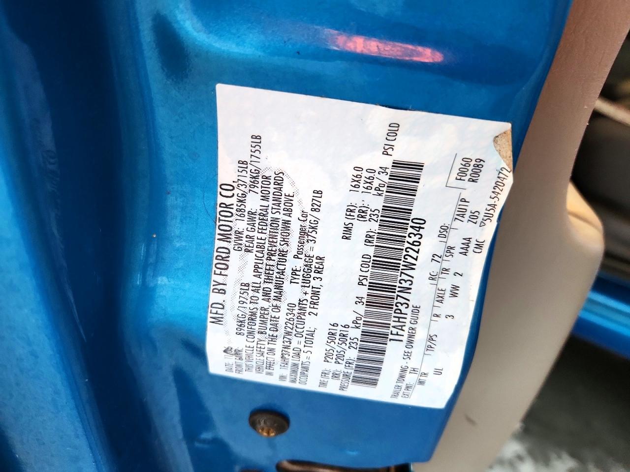 2007 Ford Focus Zx5 Blue vin: 1FAHP37N37W226340