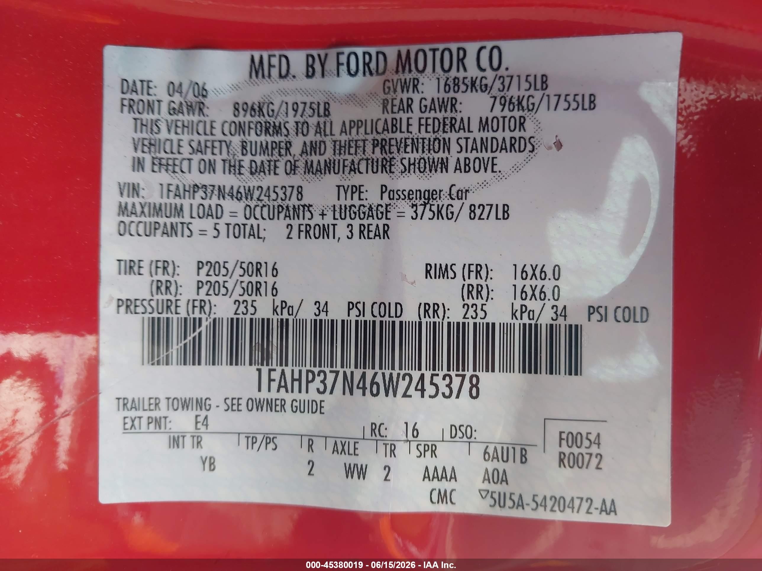 2006 Ford Focus Zx5 Red vin: 1FAHP37N46W245378