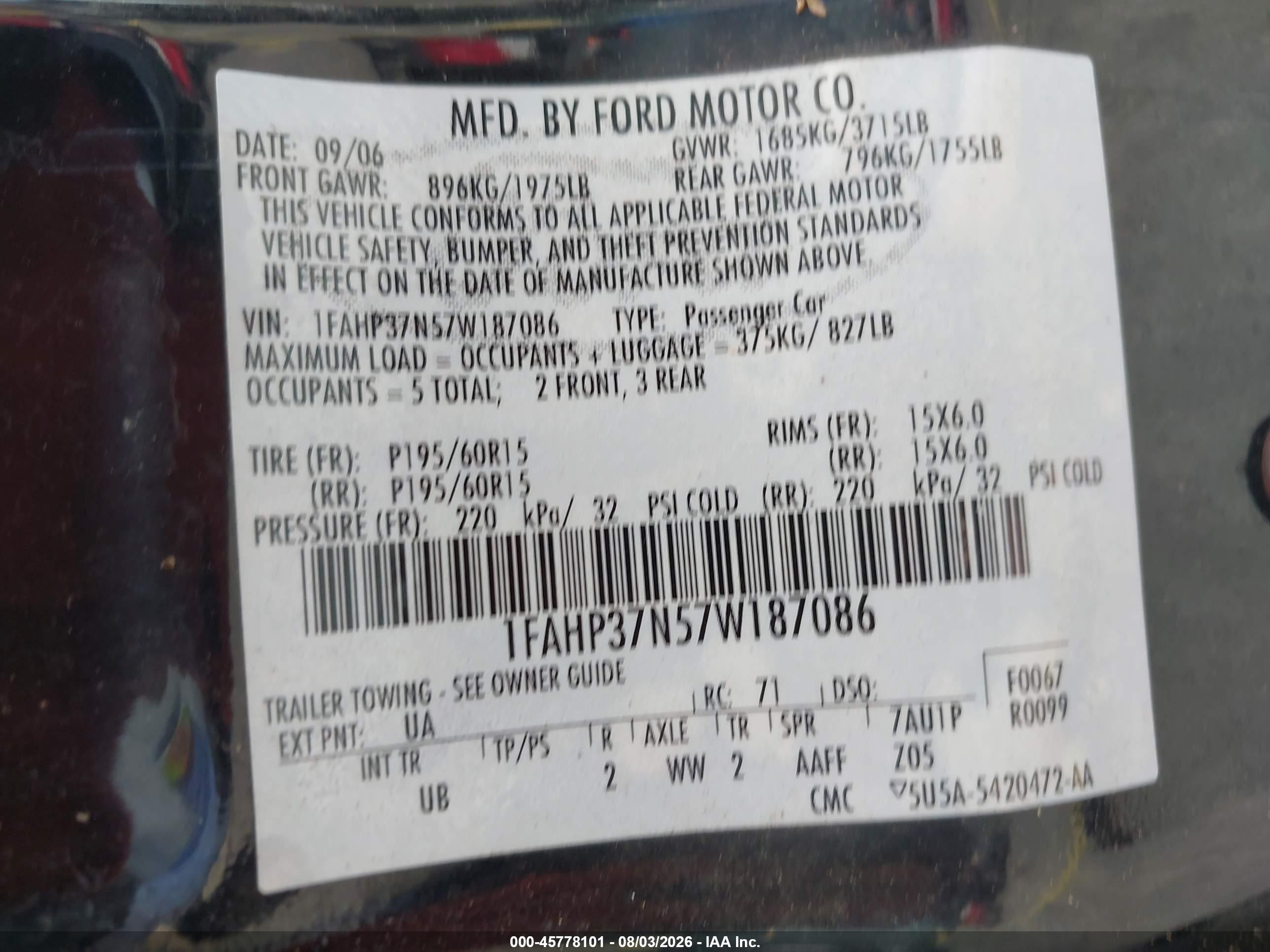 2007 Ford Focus S/se/ses Black vin: 1FAHP37N57W187086