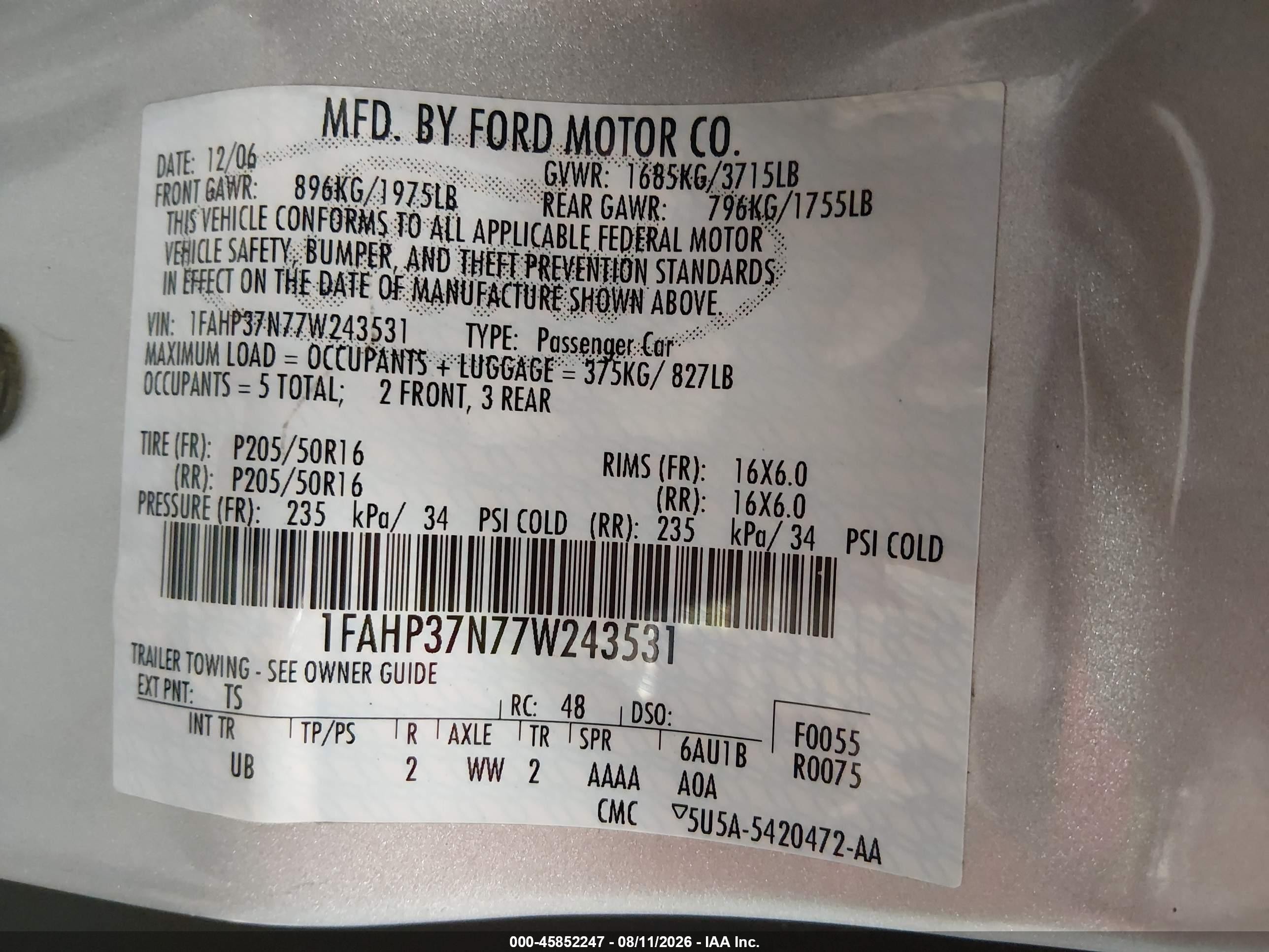 2007 Ford Focus S/se/ses Серебряный vin: 1FAHP37N77W243531