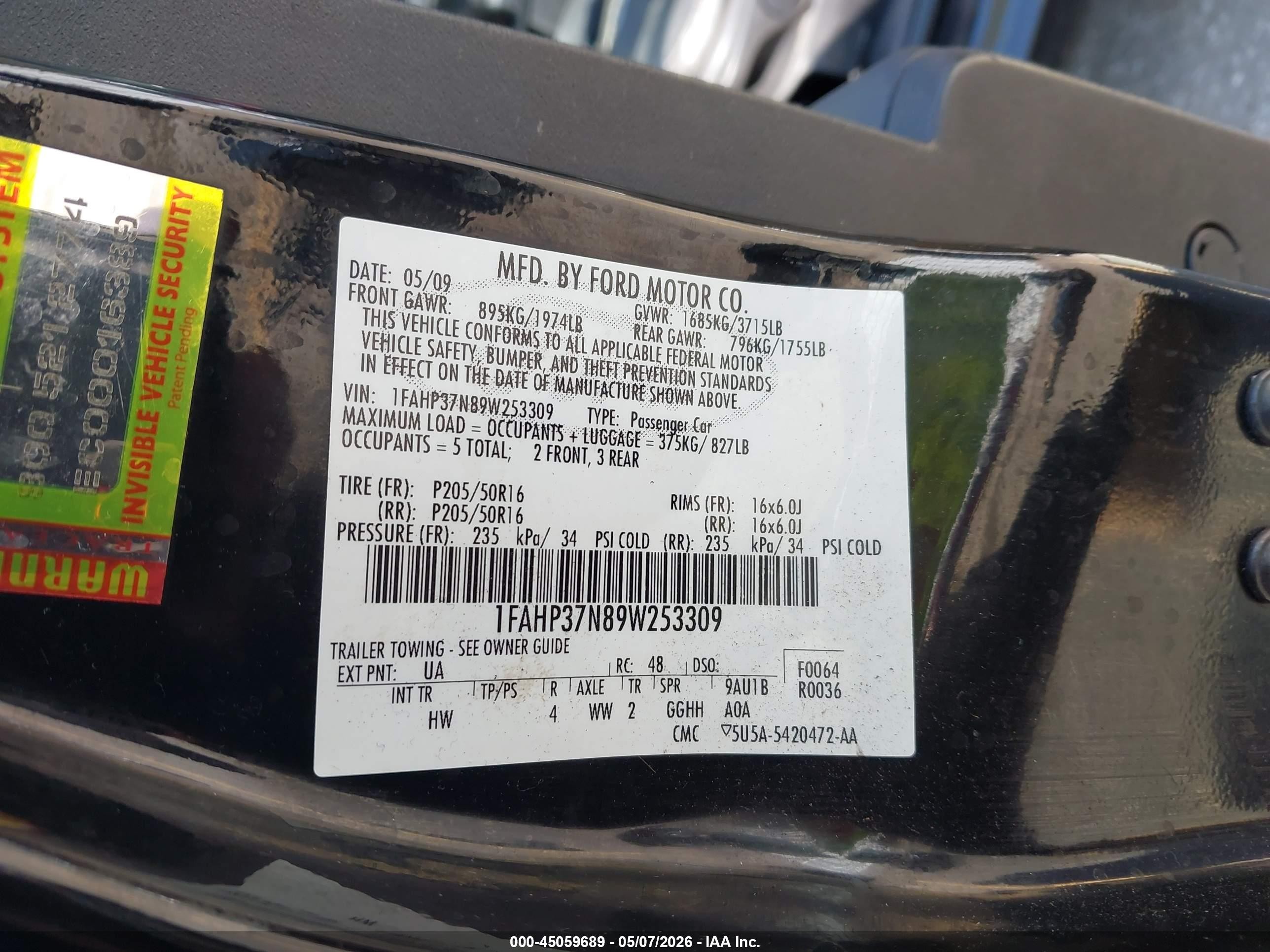 2009 Ford Focus Sel Black vin: 1FAHP37N89W253309