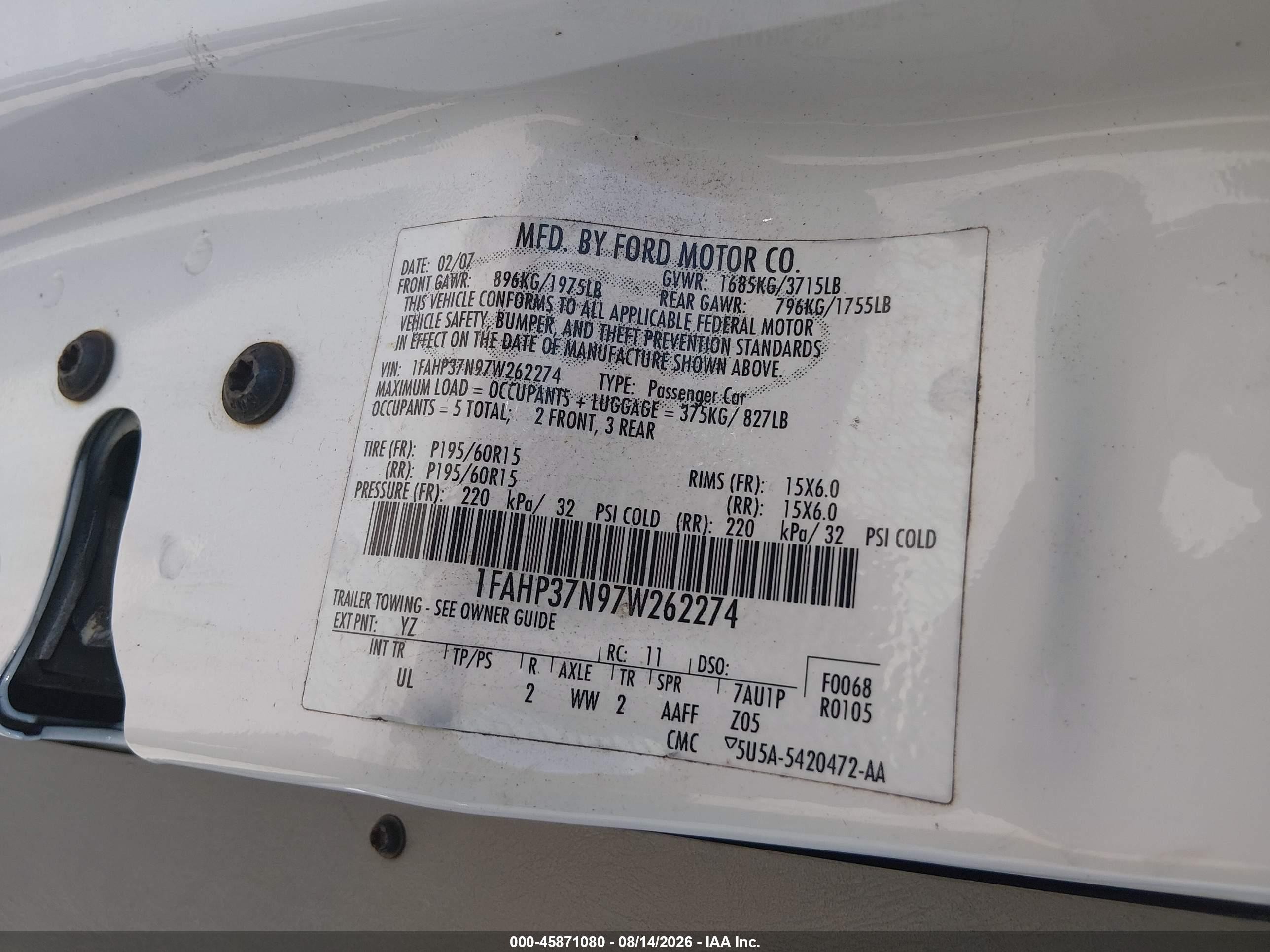 2007 Ford Focus S/se/ses Белый vin: 1FAHP37N97W262274