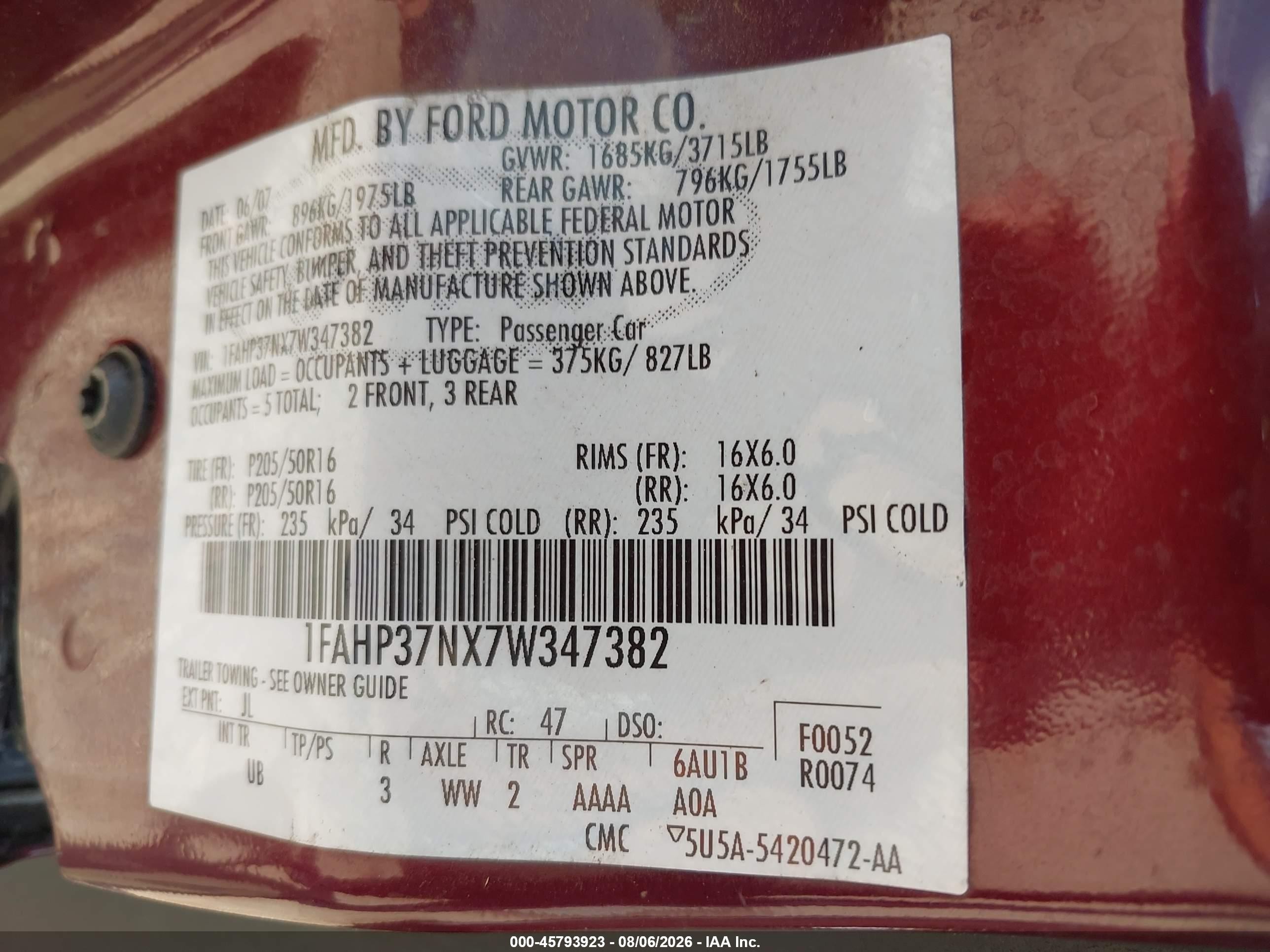 2007 Ford Focus S/se/ses Maroon vin: 1FAHP37NX7W347382
