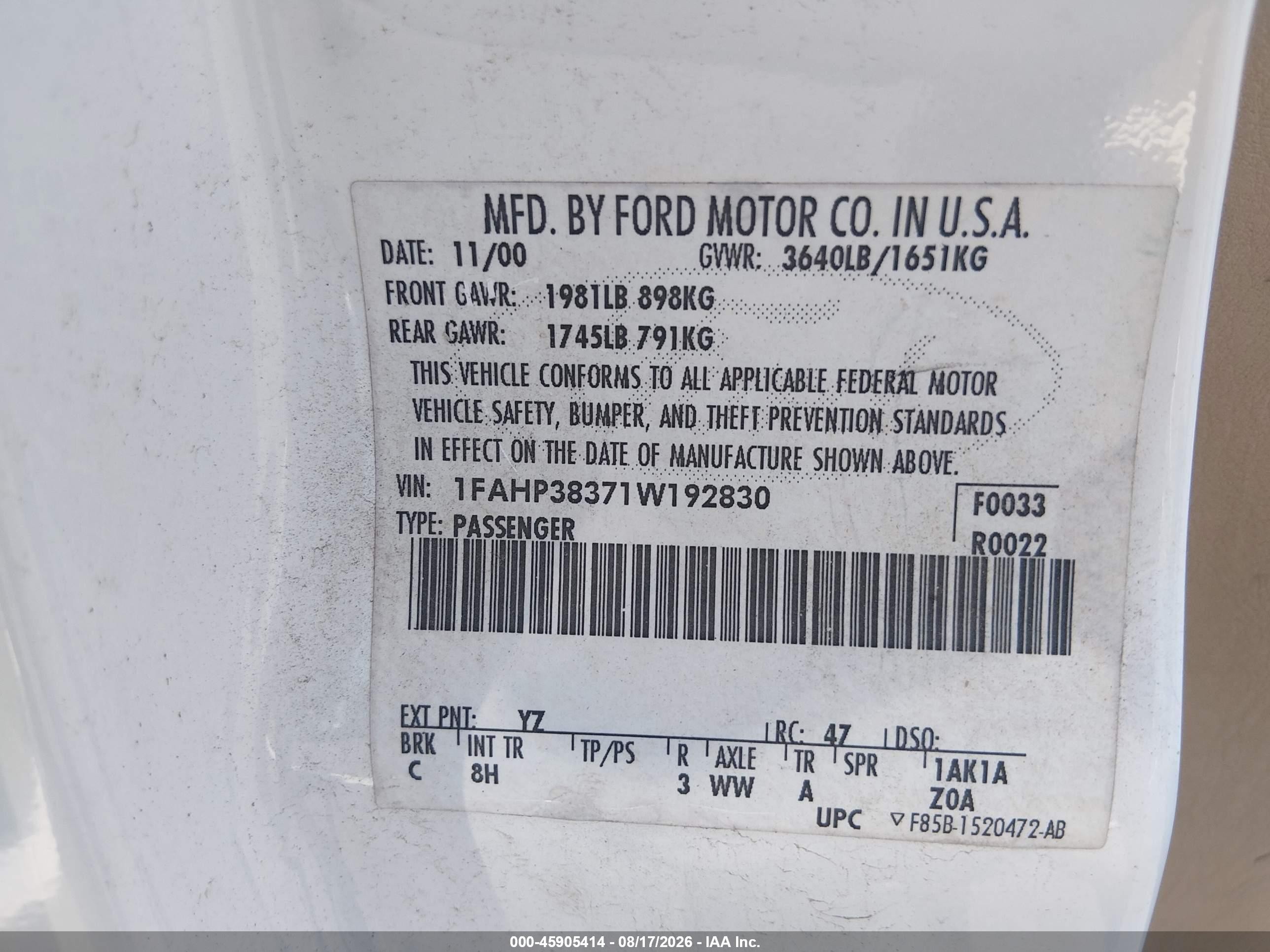 2001 Ford Focus Zts Белый vin: 1FAHP38371W192830